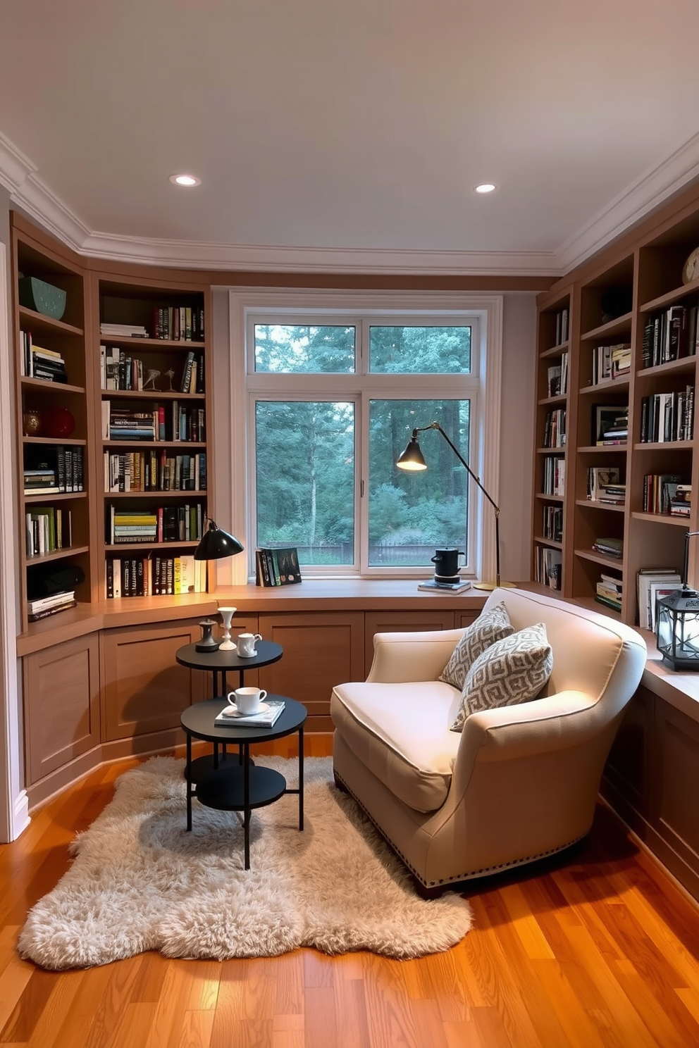 Cozy reading nook with an oversized armchair positioned in the corner of the room. Soft, ambient lighting creates a warm atmosphere, complemented by a small side table holding a steaming cup of tea. Surrounding the nook, built-in bookshelves display an array of books and decorative items. A plush area rug adds texture underfoot, while a large window allows natural light to flood the space, enhancing the inviting feel.