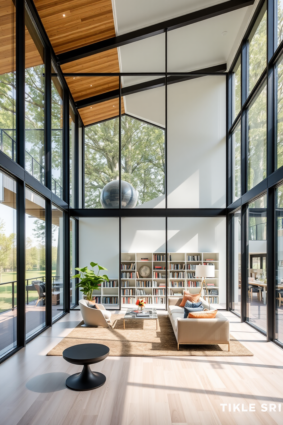 A contemporary home library featuring expansive glass walls that allow natural light to flood the space. The interior is filled with sleek bookshelves, a comfortable reading nook, and modern furniture that encourages relaxation and creativity.