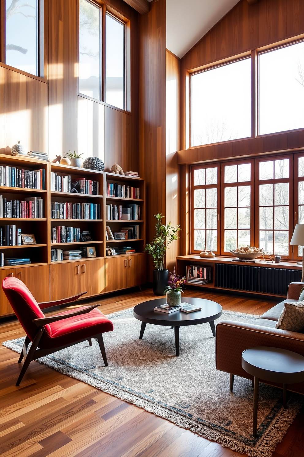 A contemporary home library featuring mid-century modern furniture accents. The space includes a sleek wooden bookshelf filled with books, paired with a plush velvet reading chair in a vibrant color. A stylish coffee table sits in the center, surrounded by geometric-patterned rugs. Large windows allow natural light to illuminate the room, highlighting the warm wood tones and inviting atmosphere.