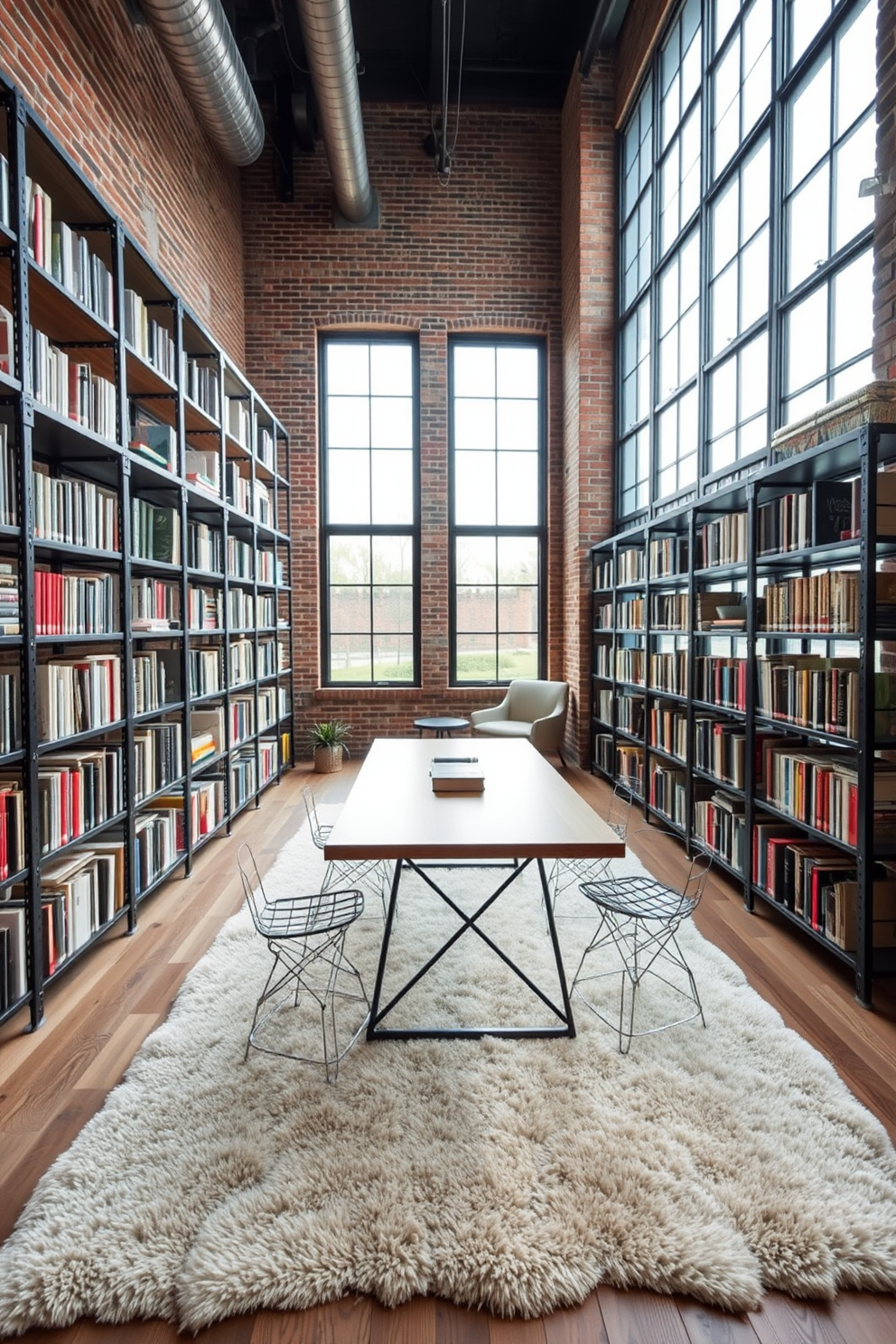 A contemporary home library featuring an industrial style. The space includes exposed brick walls and large metal shelves filled with books, complemented by a wooden reading table and metal chairs. Soft ambient lighting illuminates the room, creating a warm atmosphere. A plush area rug adds comfort underfoot, while large windows provide natural light and a view of the outdoors.