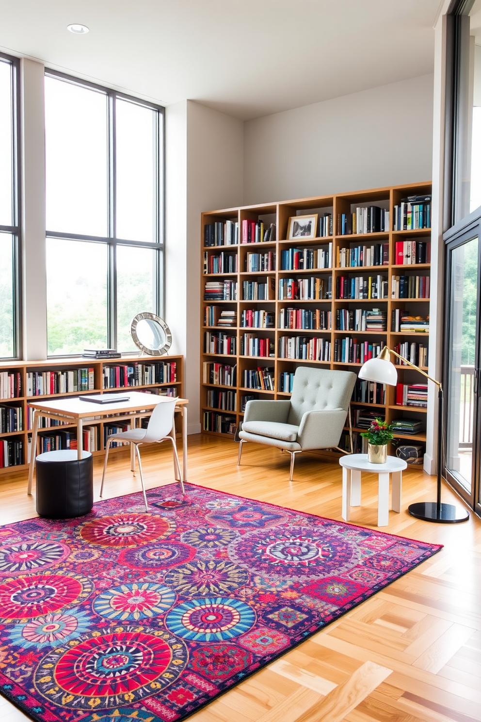 A colorful area rug anchors the space, featuring vibrant patterns that contrast beautifully with the warm wooden flooring. The library shelves are filled with books of varying sizes, while a cozy reading nook with a plush armchair invites relaxation. Contemporary design elements are evident in the sleek lines of the furniture, including a minimalist desk and modern lighting fixtures. Large windows allow natural light to flood the room, enhancing the inviting atmosphere of the home library.