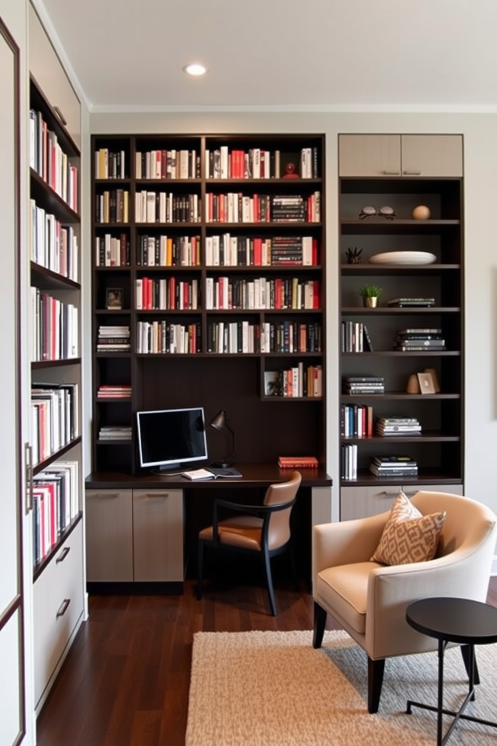 A contemporary home library featuring an integrated desk designed for dual functionality. The space includes sleek shelving units filled with books, and a comfortable reading nook with a plush armchair and a small side table.