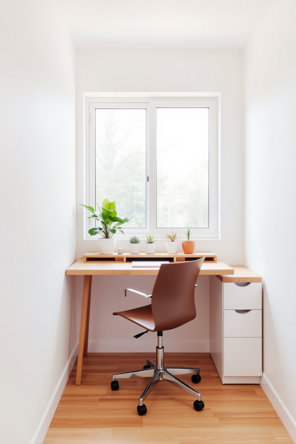 A minimalist desk with a natural wood finish is positioned against a light-colored wall. The desk features clean lines and is paired with a sleek, ergonomic chair for a comfortable workspace. Above the desk, a large window allows natural light to flood the room, highlighting the simplicity of the decor. A few potted plants are placed on the windowsill, adding a touch of greenery to the contemporary home office design.