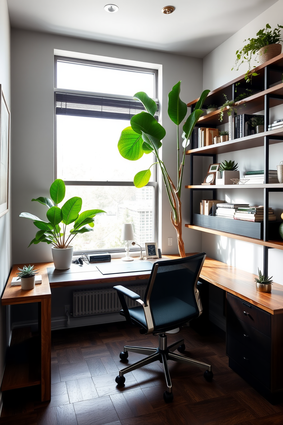 A contemporary home office design featuring a sleek desk made of reclaimed wood positioned against a large window that allows natural light to flood the space. Surrounding the desk are stylish shelves filled with books and decorative items, while a comfortable ergonomic chair complements the overall aesthetic. Incorporate green plants throughout the room to enhance air quality and create a calming atmosphere. A large potted fiddle leaf fig stands in one corner, while smaller succulents adorn the shelves and desk, adding a touch of nature to the modern environment.