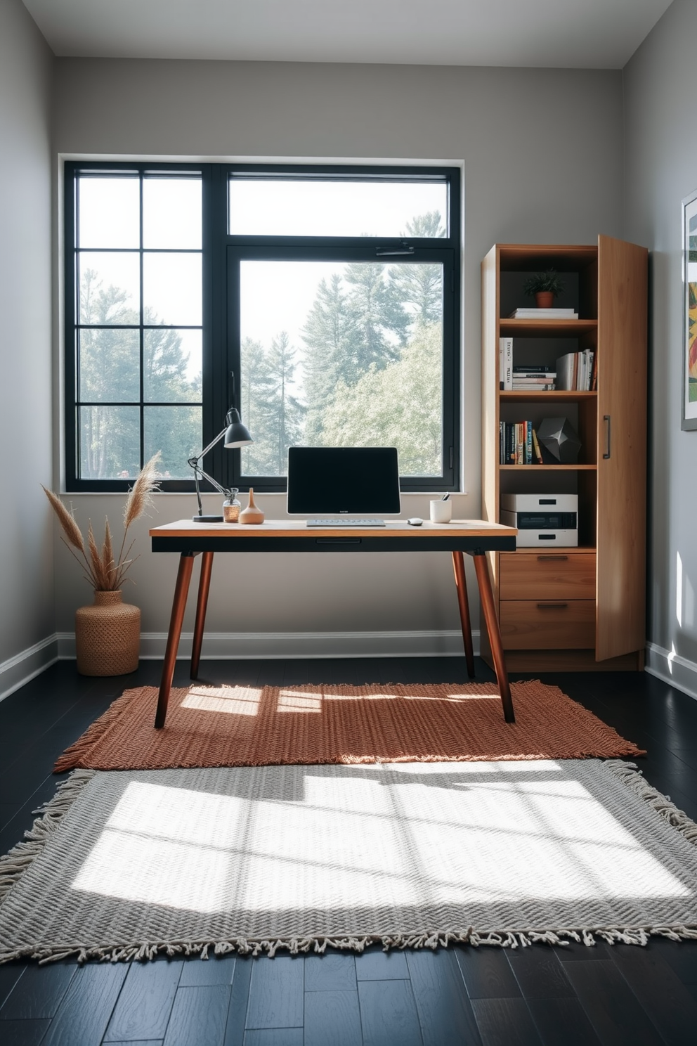 A contemporary home office features a sleek wooden desk positioned against a large window that allows natural light to flood the space. Textured rugs in warm tones are layered beneath the desk, adding depth and comfort to the room. The walls are painted in a soft gray hue, creating a calming atmosphere ideal for productivity. Minimalist shelving units display books and decorative items, enhancing the modern aesthetic while maintaining functionality.