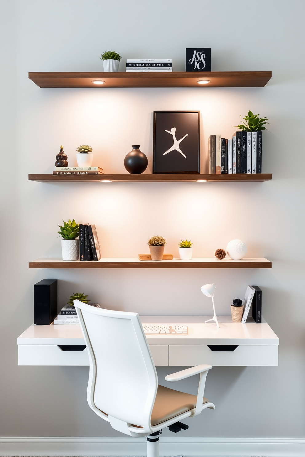 A modern home office features sleek floating shelves mounted on a light gray wall. The shelves are adorned with stylish books, decorative objects, and small plants, creating an organized and inviting workspace. The desk is positioned beneath the shelves, showcasing a minimalist design with a clean white finish. A comfortable ergonomic chair complements the setup, providing both style and functionality for productivity.