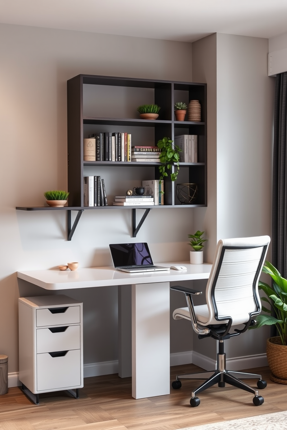 Create a contemporary home office featuring multi-functional furniture that maximizes space efficiency. Include a sleek desk that can be adjusted for standing or sitting, paired with a comfortable chair that has built-in storage compartments. Incorporate a wall-mounted shelving unit that displays books and decorative items while also providing a workspace for a laptop. Use a neutral color palette with pops of greenery from potted plants to create an inviting and productive atmosphere.