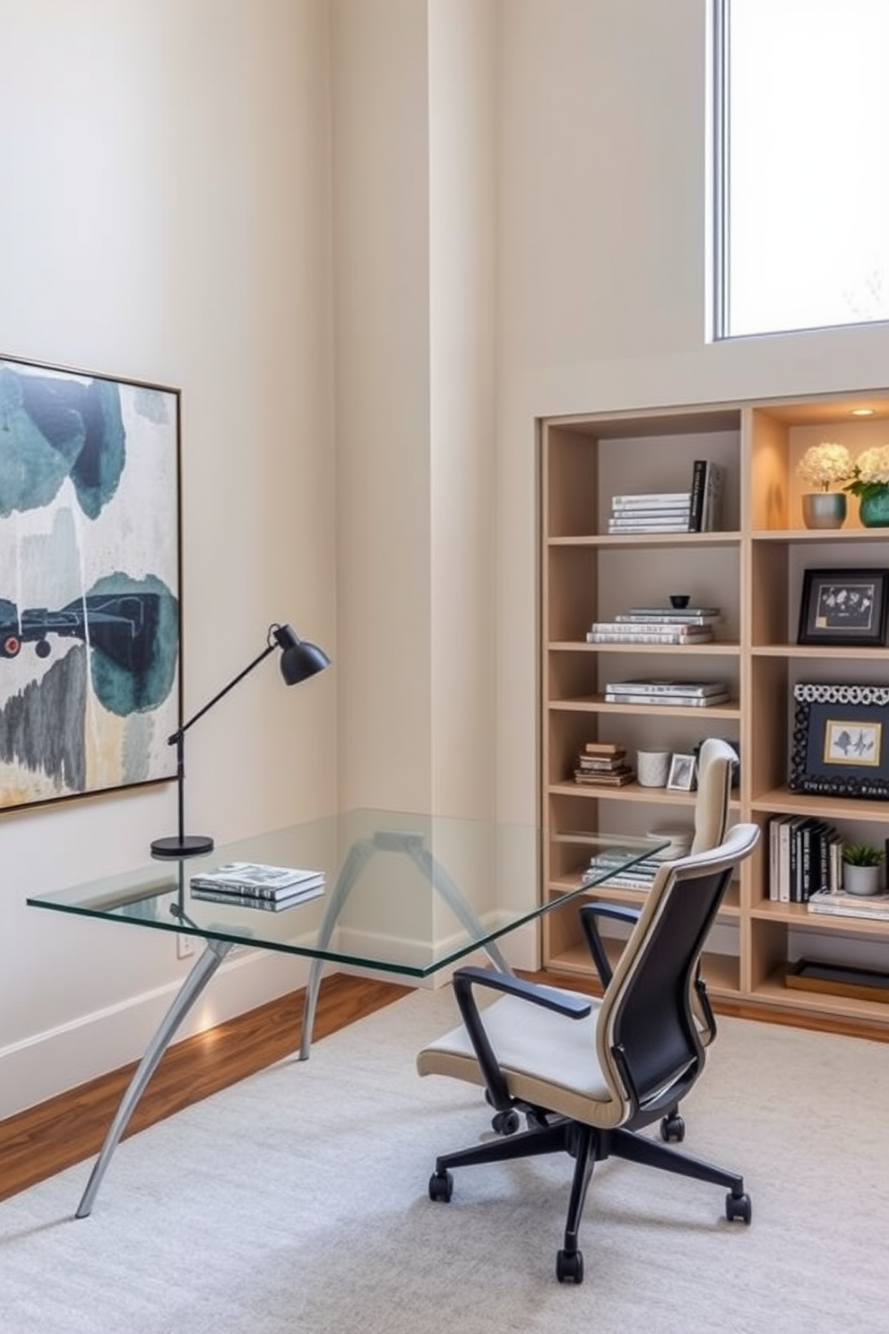 A contemporary home office featuring a sleek glass desk paired with a comfortable ergonomic chair. The walls are adorned with abstract art, and a large window allows natural light to flood the space, complemented by a stylish bookshelf filled with curated decor items.