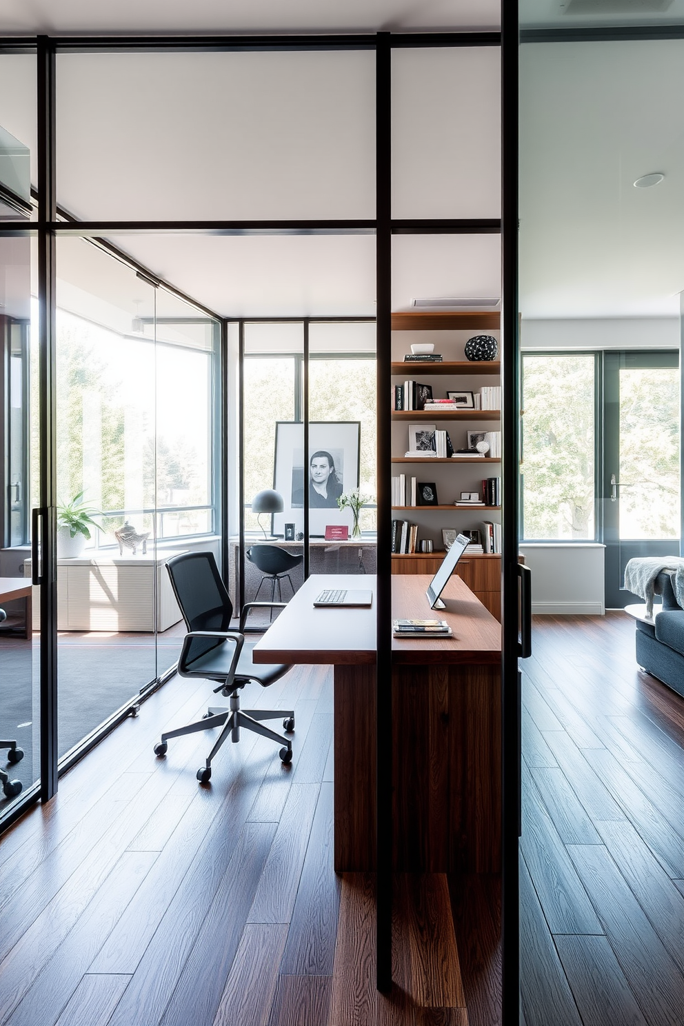 A contemporary home office featuring glass partitions that create an open and airy atmosphere. The workspace includes a sleek wooden desk with a minimalist design, complemented by an ergonomic chair and a stylish bookshelf filled with books and decor.