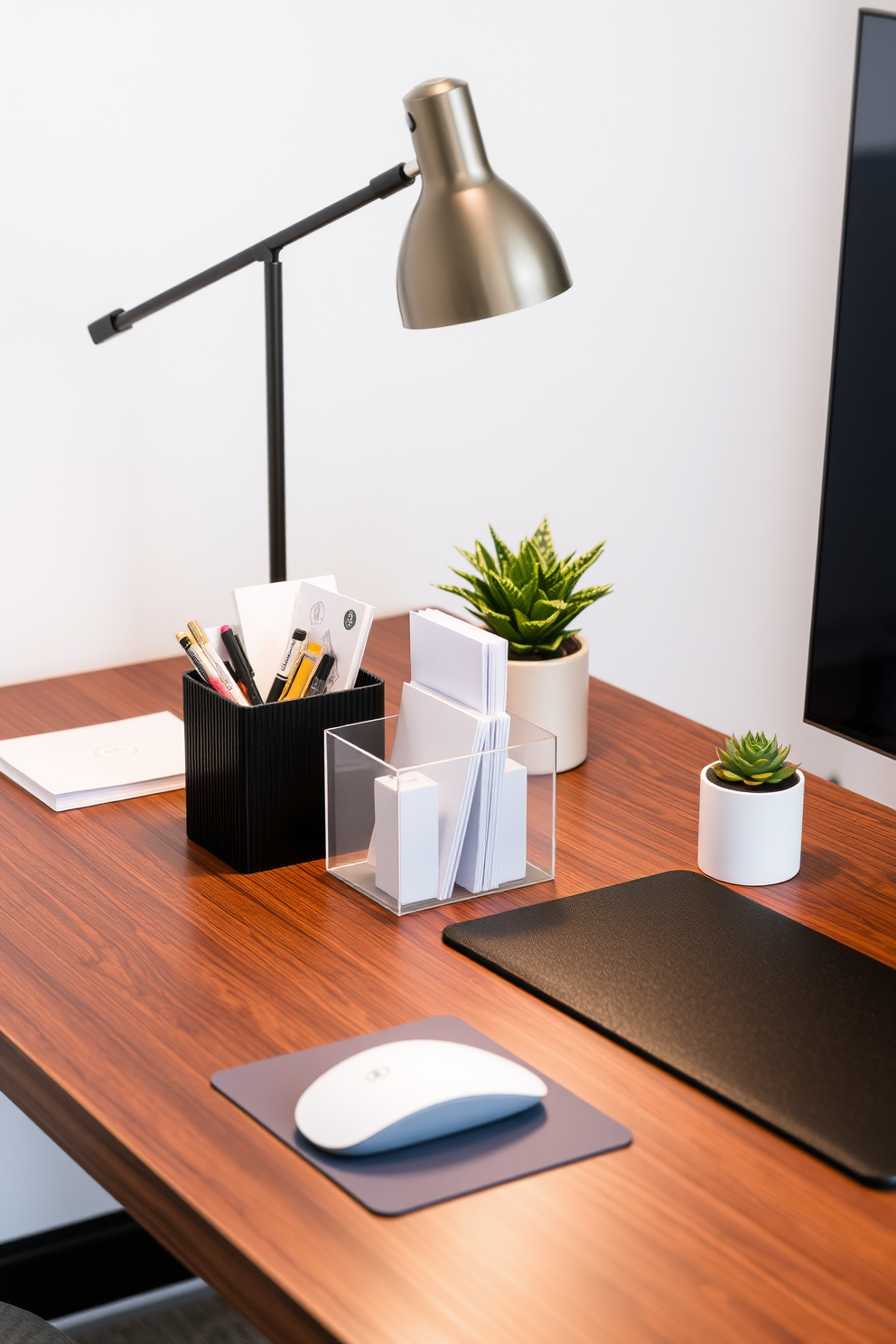 A sleek desk with a polished wood finish is adorned with stylish accessories for organization. A modern desk organizer holds pens and notepads, while a decorative plant adds a touch of greenery. The workspace features a minimalist lamp that provides ample light without cluttering the surface. A chic mouse pad complements the overall aesthetic, enhancing the contemporary feel of the home office.