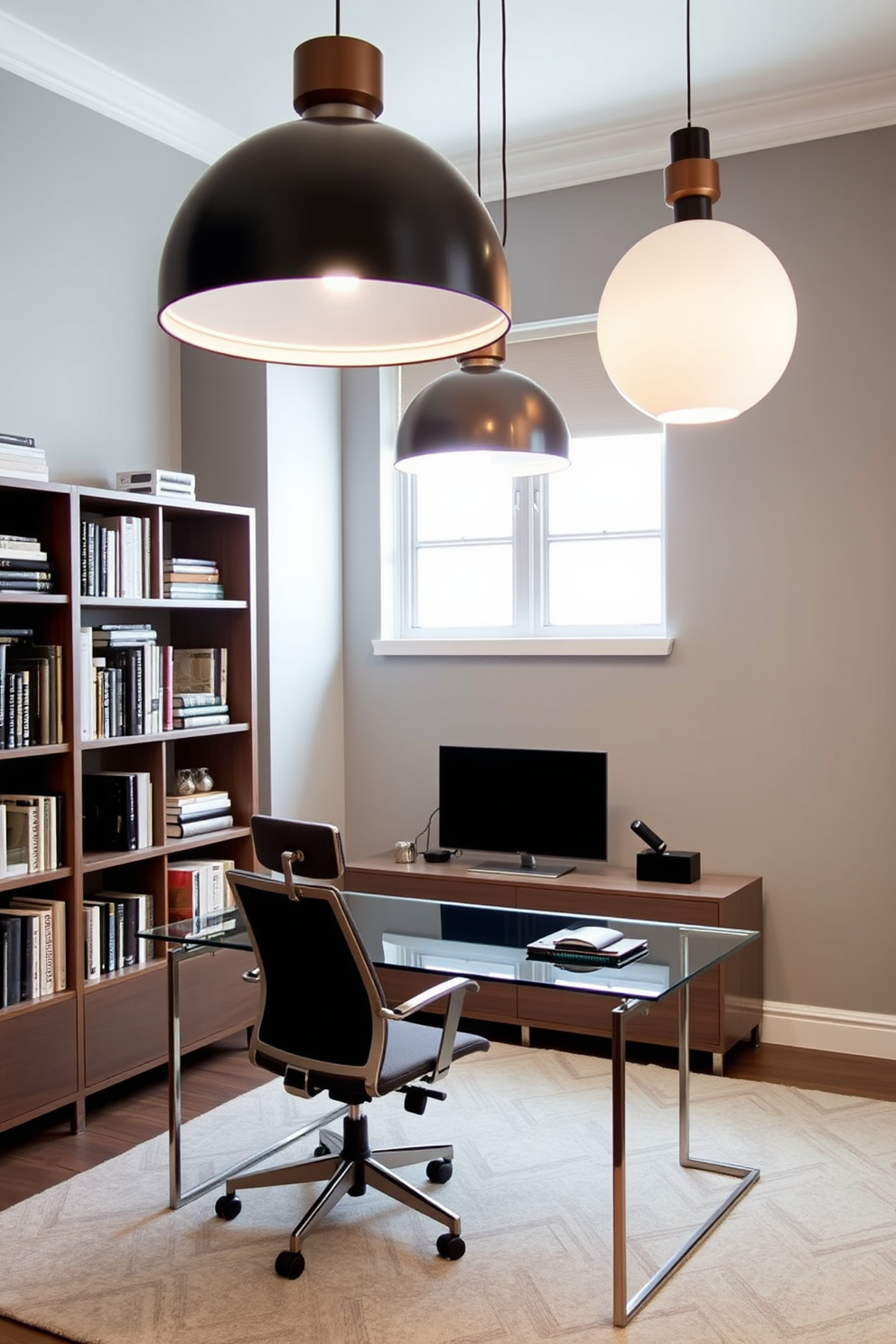 A contemporary home office features bold lighting fixtures that serve as striking focal points. The space is designed with a sleek desk made of glass and metal, complemented by a comfortable ergonomic chair. The walls are painted in a soft gray hue, creating a calm and inviting atmosphere. A large bookshelf filled with books and decorative items adds personality and warmth to the room.