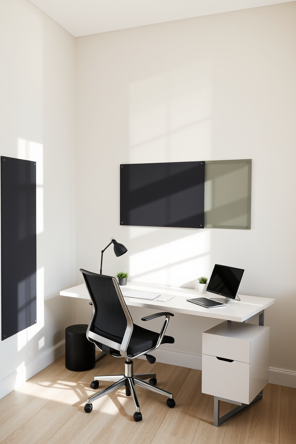 A contemporary home office features sleek wall-mounted bulletin boards in a minimalist style. The room is filled with natural light, showcasing a modern desk paired with an ergonomic chair and stylish decor elements.