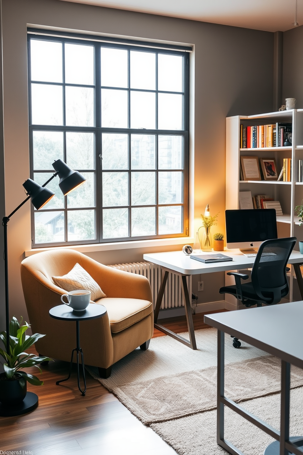 Cozy reading nook for breaks. A plush armchair is nestled in the corner, accompanied by a small side table holding a steaming cup of tea. Soft, warm lighting from a nearby floor lamp creates an inviting atmosphere. The walls are adorned with bookshelves filled with colorful books and a few personal mementos. Contemporary home office design ideas. A sleek desk with clean lines is positioned against a large window, providing ample natural light. Ergonomic seating complements the modern aesthetic, while a minimalist shelving unit displays stylish office supplies and decorative items.