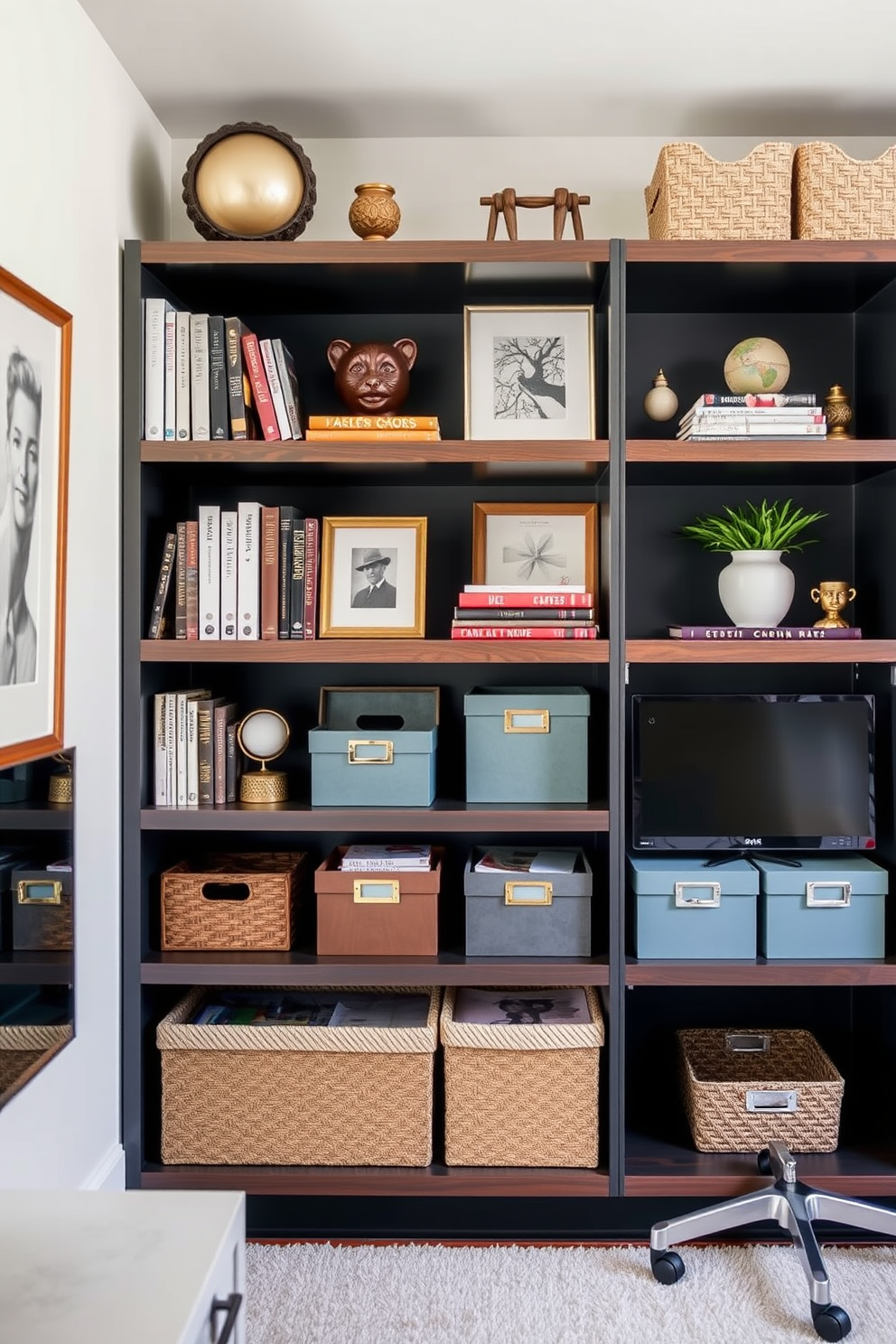 A contemporary home office features open shelving that provides organized storage and easy access to books and supplies. The shelves are styled with a mix of decorative items and functional storage boxes, creating a visually appealing and efficient workspace.