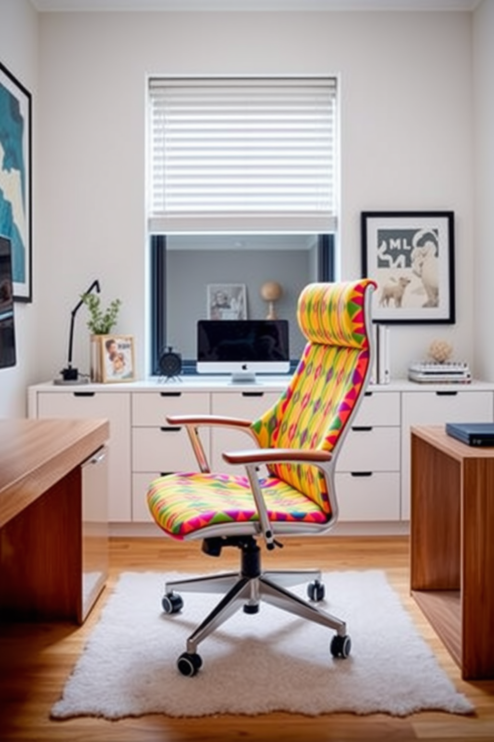 A colorful office chair adds a playful vibe to the contemporary home office. The chair features a bright fabric upholstery that contrasts with a sleek wooden desk and minimalist decor.