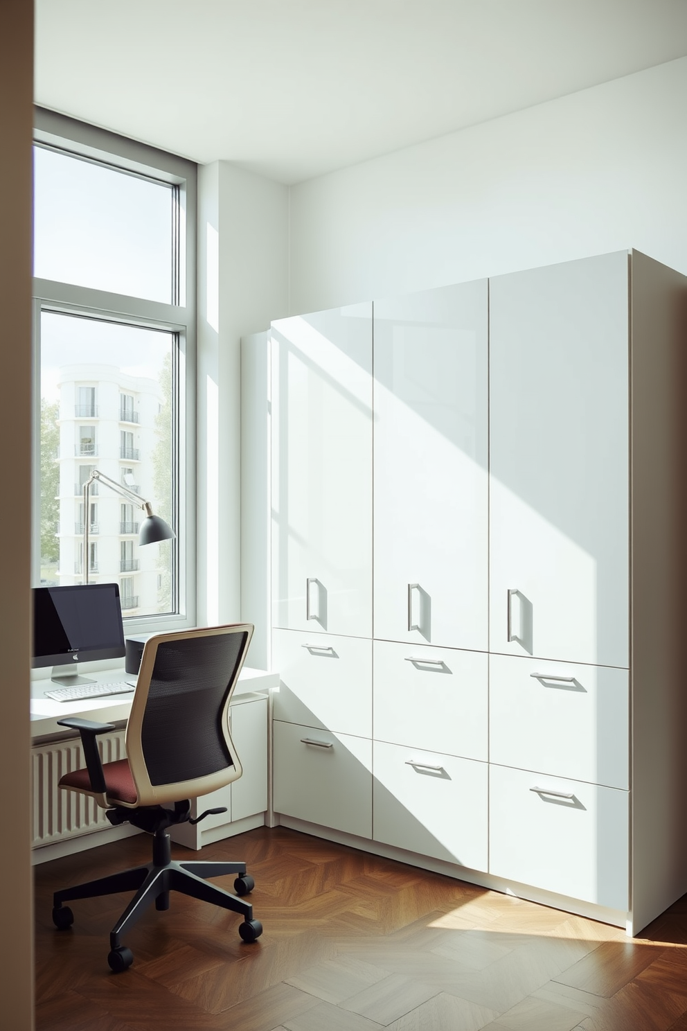 A sleek home office features modern filing cabinets that blend seamlessly into the decor. The cabinets are finished in a high-gloss white, providing hidden storage while maintaining a clean and organized look. The workspace is illuminated by natural light streaming through large windows, enhancing the minimalist aesthetic. A stylish desk sits adjacent to the cabinets, complemented by a comfortable ergonomic chair in a muted tone.