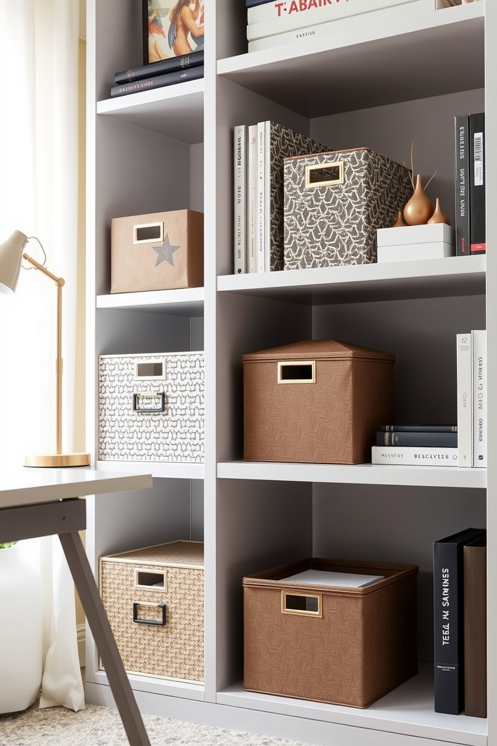 A stylish contemporary home office featuring decorative storage boxes for clutter control. The storage boxes are arranged neatly on a sleek bookshelf, adding both functionality and aesthetic appeal to the workspace.