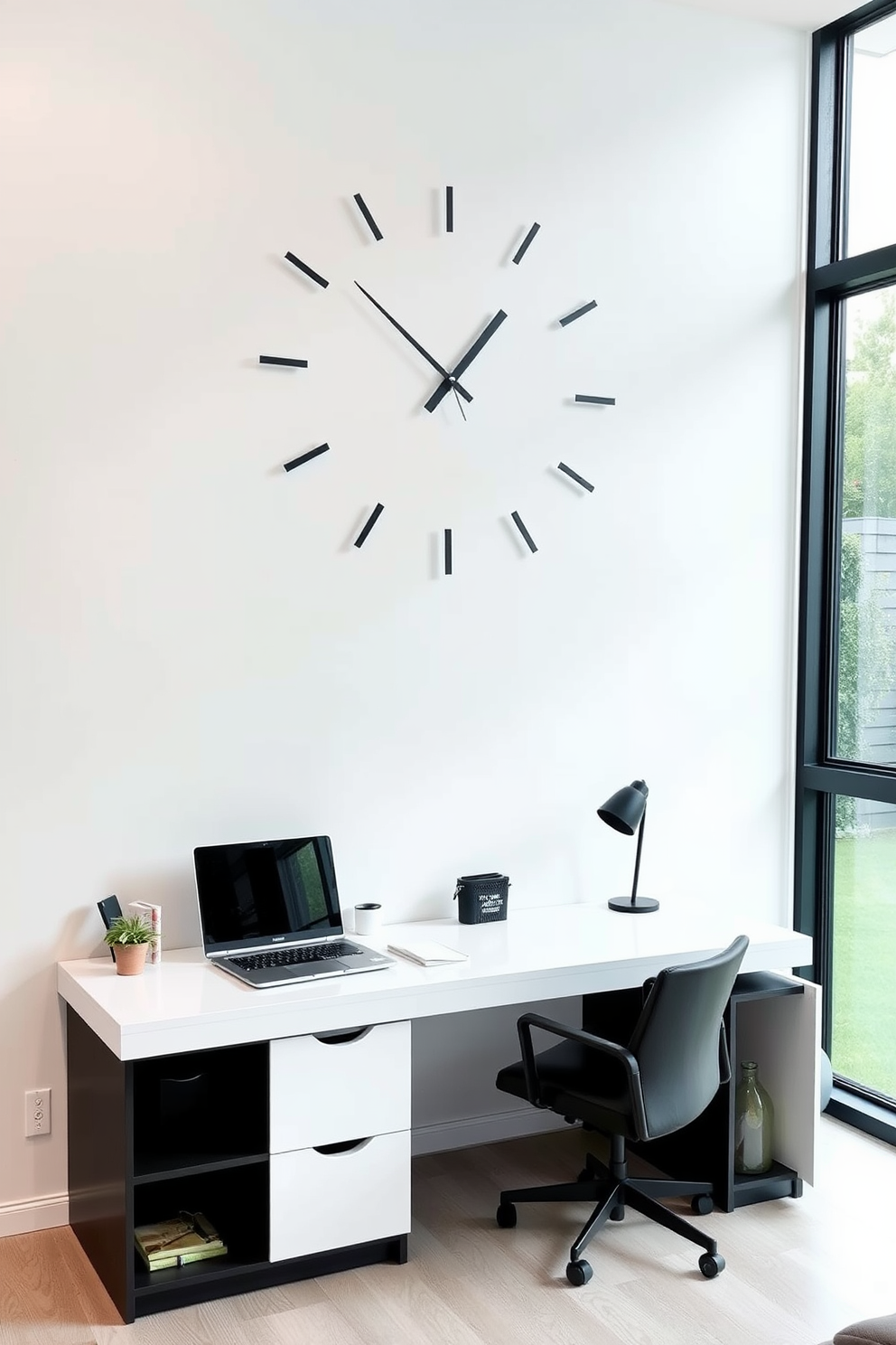 A chic wall clock with a sleek design hangs prominently on the wall, combining both style and functionality. Its minimalist face features elegant hour and minute hands, perfect for keeping track of time in a modern workspace. The contemporary home office design embraces clean lines and a neutral color palette, creating an inviting atmosphere for productivity. A spacious desk with integrated storage sits against a large window, allowing natural light to flood the space while offering a view of the outside.