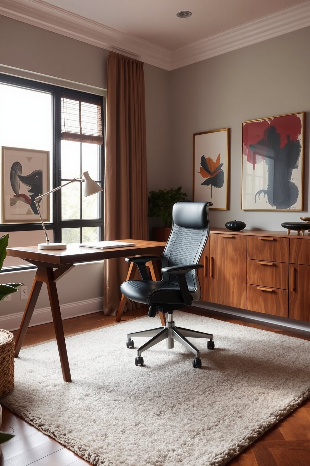 A stylish home office featuring a sleek artistic desk lamp that casts a warm glow across the workspace. The desk is made of polished wood and is complemented by a comfortable ergonomic chair, creating an inviting atmosphere for productivity. The walls are adorned with abstract art pieces that add a touch of creativity to the room. A plush area rug in muted tones anchors the space, while a large window allows natural light to flood in, enhancing the overall ambiance.