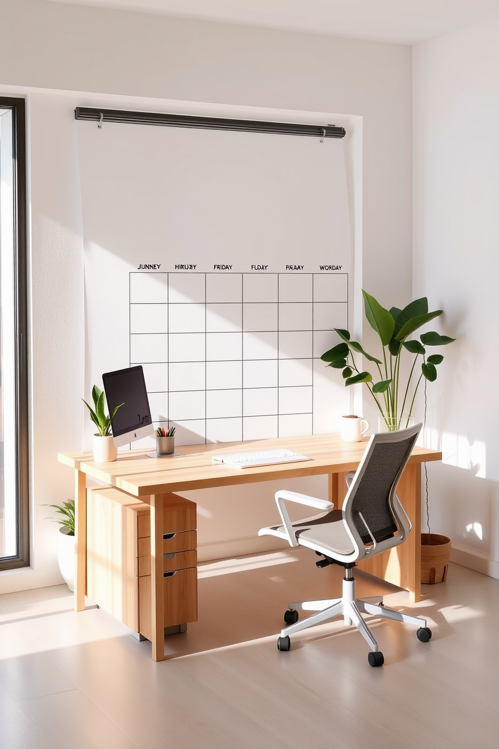 A minimalist calendar for planning simplicity features a clean layout with ample white space. Each day is represented with a simple block, allowing for easy writing and organization. The contemporary home office design includes a sleek desk made of light wood paired with a comfortable ergonomic chair. Large windows provide natural light, and a few potted plants add a touch of greenery to the space.