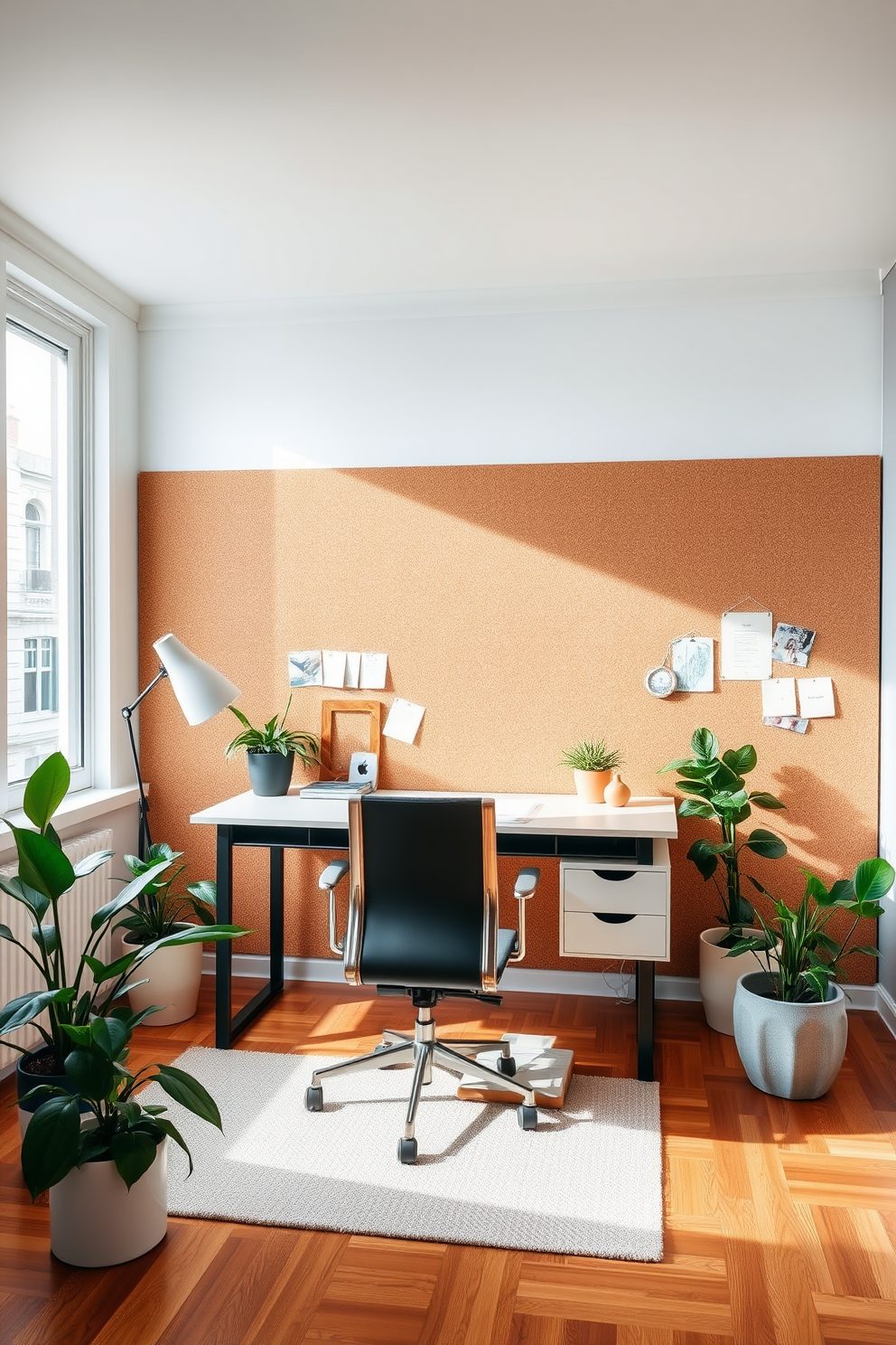 A corkboard wall is the focal point of a modern home office, providing an expansive space for notes, ideas, and inspiration. The room features a sleek desk with a minimalist design, complemented by an ergonomic chair and stylish desk lamp. Natural light floods the room through large windows, enhancing the warm wood tones of the flooring and furniture. Potted plants add a refreshing touch of greenery, creating a productive and inviting atmosphere.