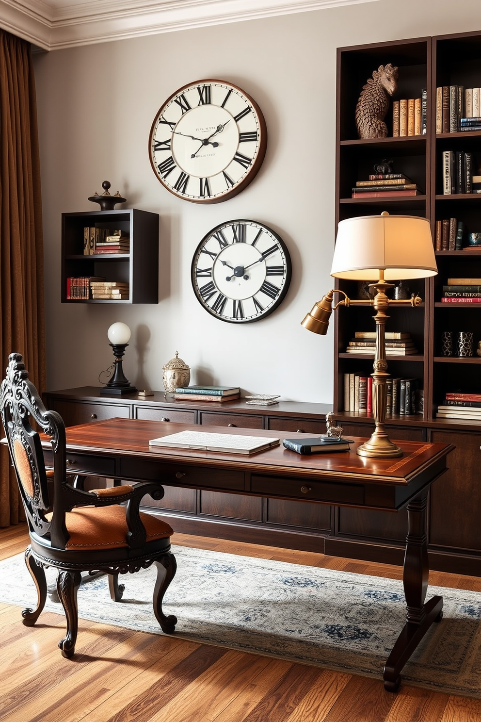 A contemporary home office infused with vintage accents. The room features a sleek wooden desk paired with an elegant antique chair, showcasing intricate carvings and rich upholstery. On the wall, a large vintage clock complements modern shelving units filled with books and decorative items. Soft lighting from a stylish desk lamp enhances the warm tones of the room, creating an inviting workspace.