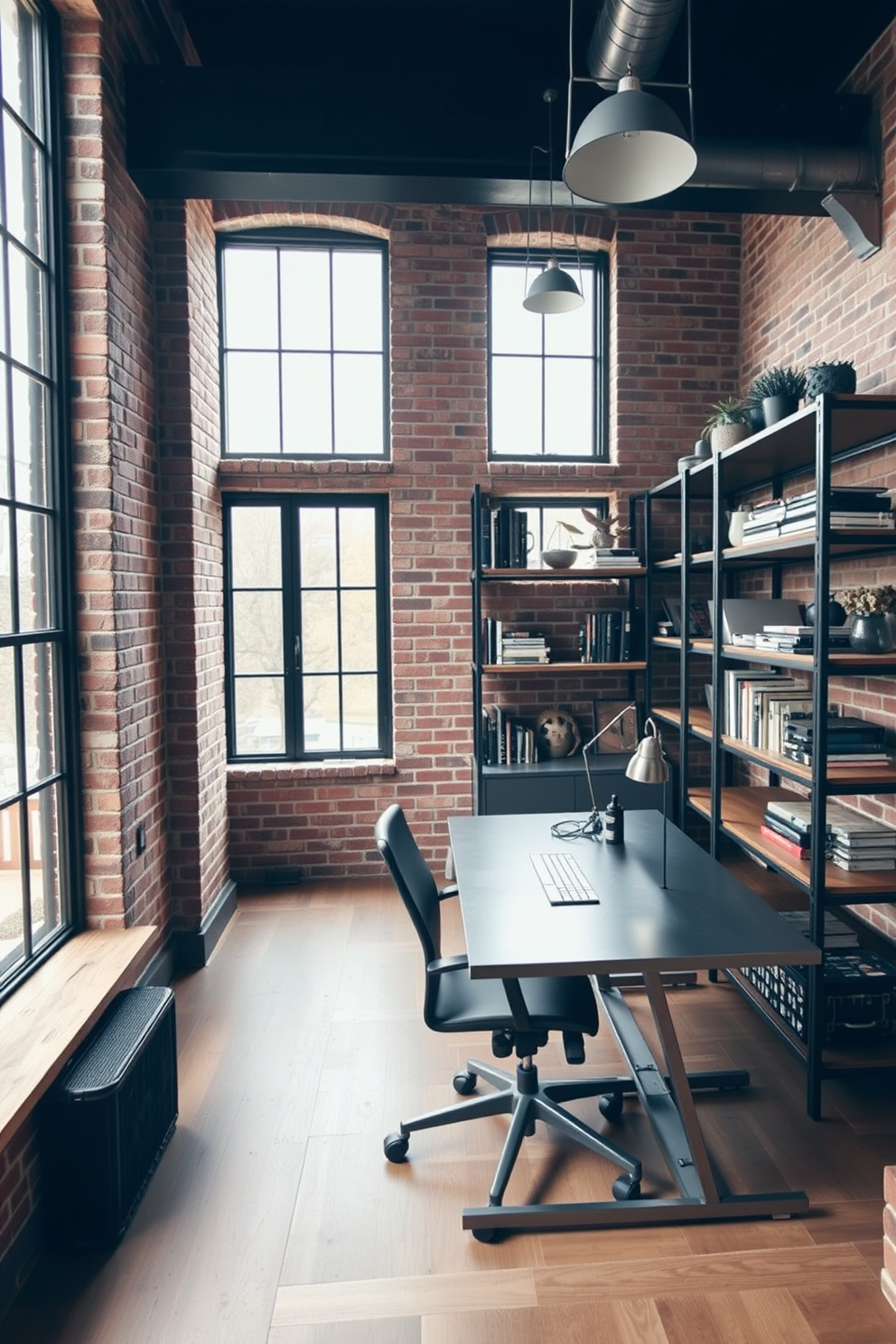 A contemporary home office design featuring industrial elements. Exposed brick walls provide a rustic backdrop while a sleek metal desk adds a modern touch. A comfortable ergonomic chair complements the desk, and large windows allow natural light to flood the space. Industrial-style shelving made of reclaimed wood and metal showcases books and decor, enhancing the overall aesthetic.