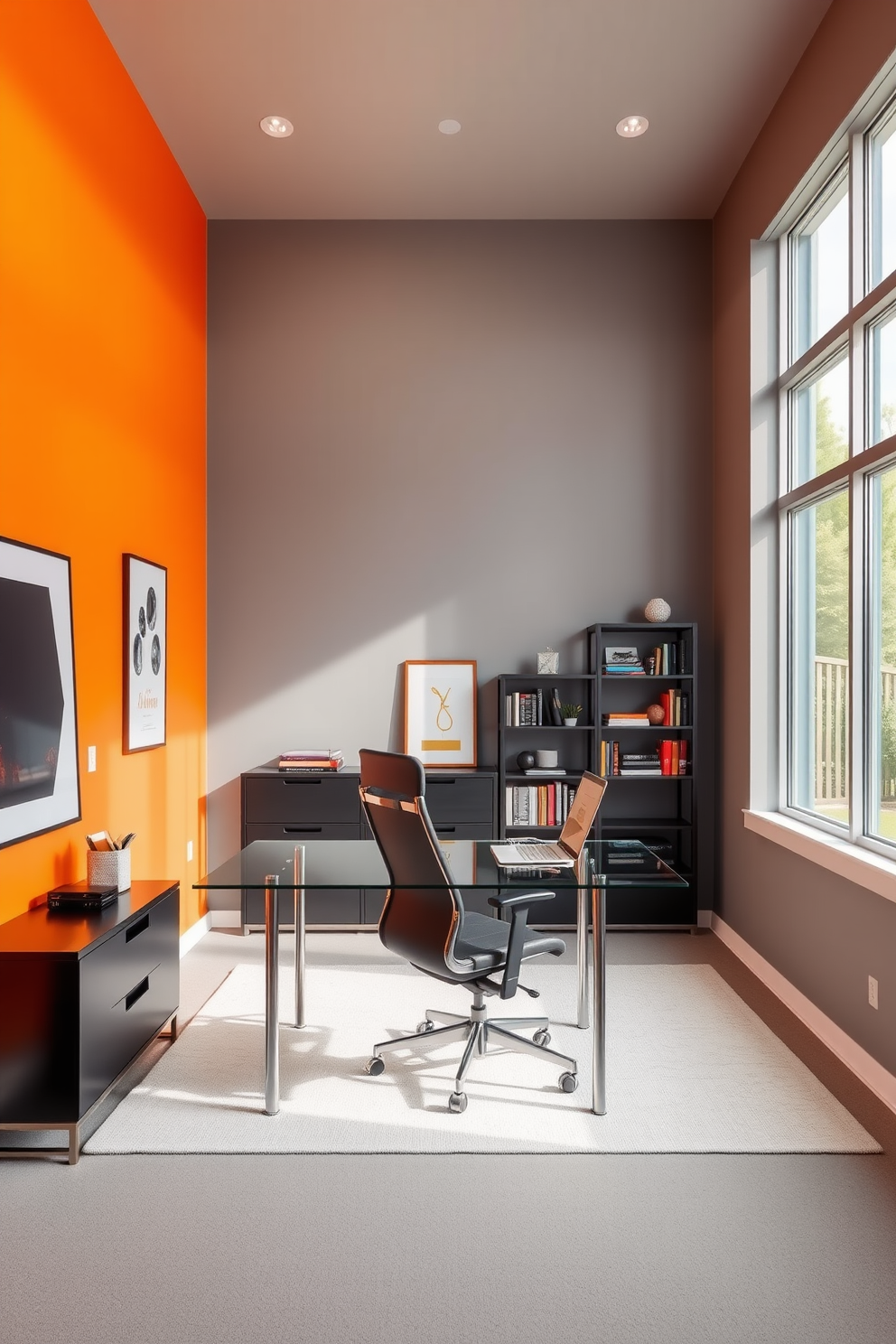 Bright accent wall for energy boost. A vibrant orange wall serves as a focal point, contrasting with the soft gray of the other walls. The office features a sleek glass desk paired with a modern ergonomic chair. Natural light floods the space through large windows, illuminating a stylish bookshelf filled with colorful decor.