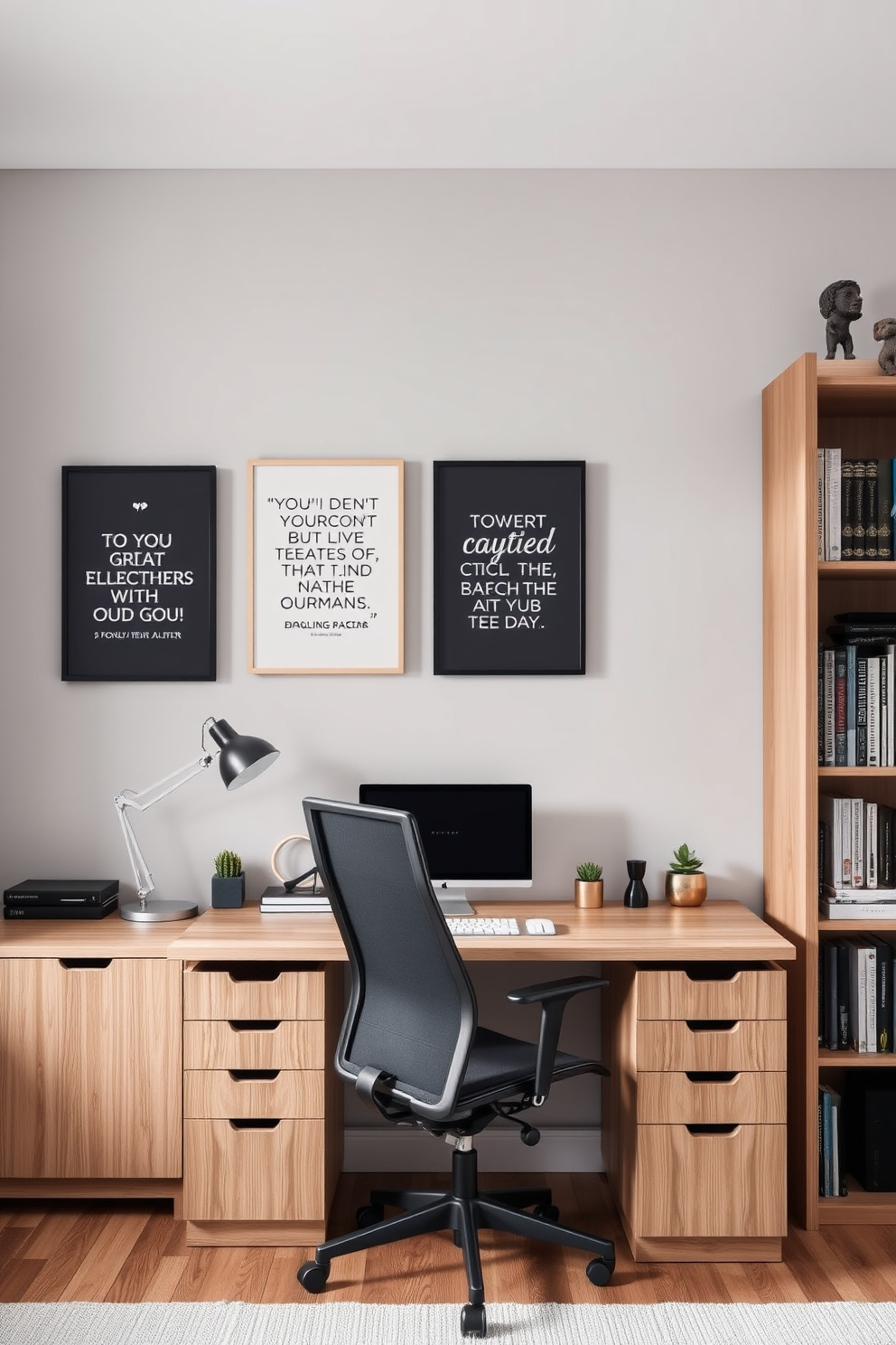 A contemporary home office with inspirational quotes framed on the walls. The workspace features a sleek desk made of light wood paired with a comfortable ergonomic chair, and a stylish bookshelf filled with books and decorative items.