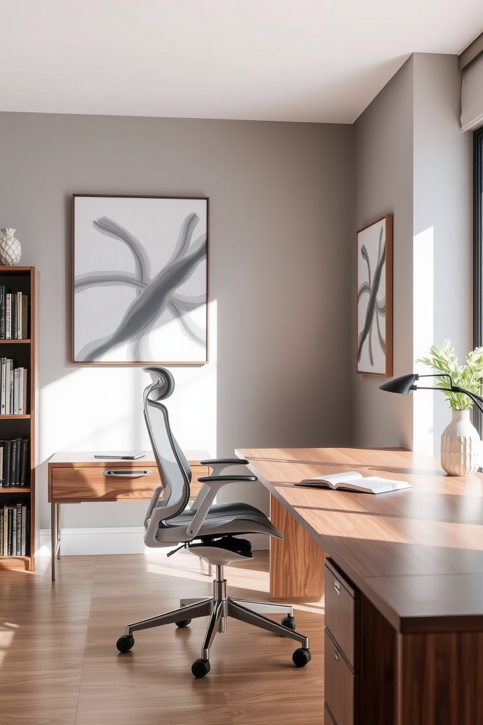 A sleek ergonomic chair designed for optimal comfort and support sits at a modern wooden desk. The office features large windows that allow natural light to flood the space, enhancing the airy atmosphere. The walls are painted in a soft gray, complemented by minimalist artwork that adds a touch of elegance. A stylish bookshelf filled with books and decorative items lines one side of the room, creating a functional yet aesthetically pleasing environment.