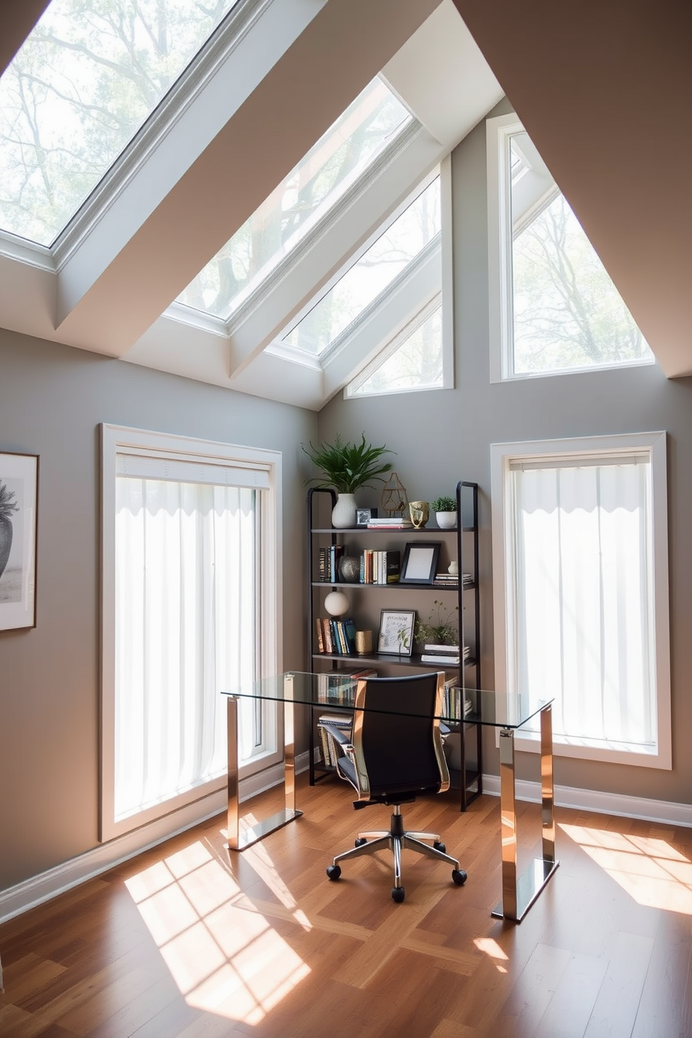 A contemporary home office with large windows that flood the space with natural light. The room features a sleek desk made of glass and metal, paired with a comfortable ergonomic chair. The walls are painted in a soft gray tone, creating a calming atmosphere. A stylish bookshelf filled with books and decor items adds personality to the space.