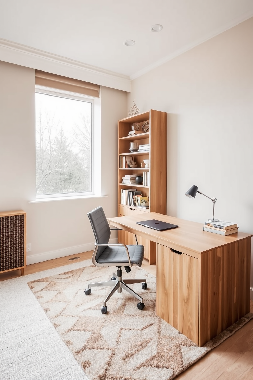 A contemporary home office featuring a neutral color palette that promotes a calm atmosphere. The space includes a sleek wooden desk with a minimalist design, paired with an ergonomic chair upholstered in soft gray fabric. Large windows allow natural light to flood the room, highlighting the light beige walls and subtle textured accents. A stylish bookshelf filled with curated decor and books adds personality, while a plush area rug in muted tones anchors the space.