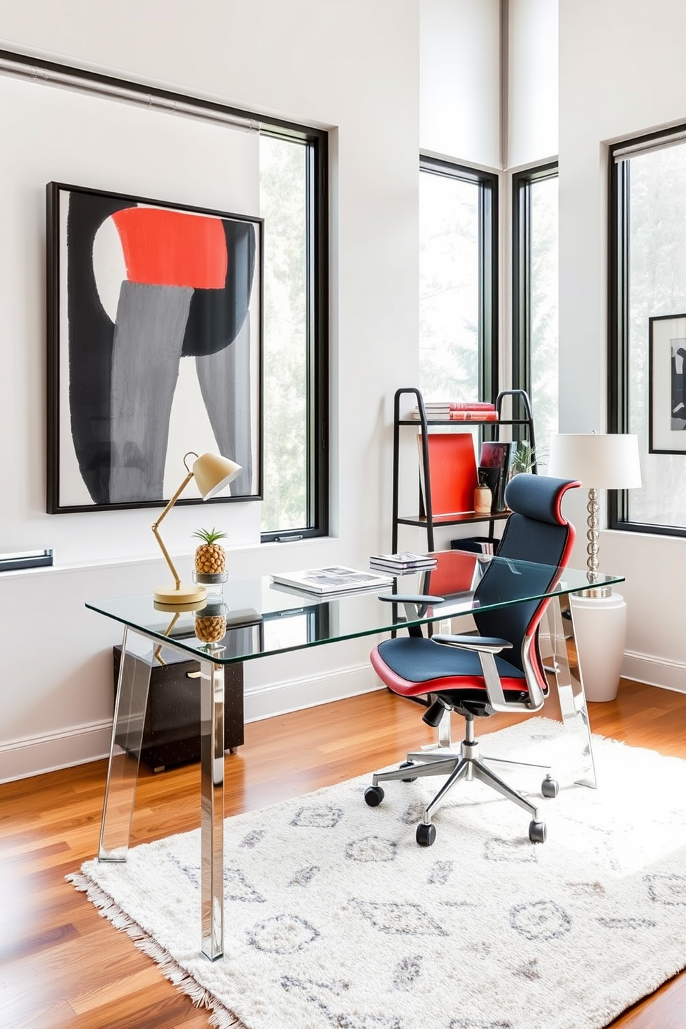 A contemporary home office features a sleek glass desk paired with an ergonomic chair in a vibrant color. The walls are adorned with statement artwork that adds visual interest and personality to the space. Natural light floods the room through large windows, illuminating a stylish bookshelf filled with books and decorative items. A cozy area rug anchors the space, providing warmth and comfort underfoot.