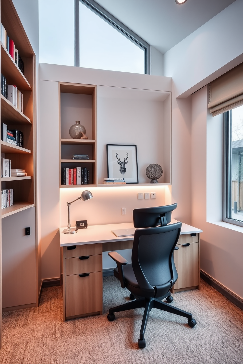 A contemporary home office featuring integrated technology for a seamless workflow. The space includes a sleek desk with built-in charging ports and smart lighting that adjusts to natural light levels. The walls are adorned with minimalist shelving that holds stylish books and decorative items. A comfortable ergonomic chair complements the modern aesthetic, while a large window allows for ample natural light.