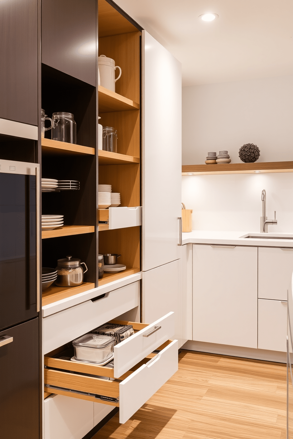 A contemporary kitchen with hidden storage solutions to keep counters clutter-free. Sleek cabinetry incorporates pull-out shelves and drawers, seamlessly blending functionality with modern aesthetics.