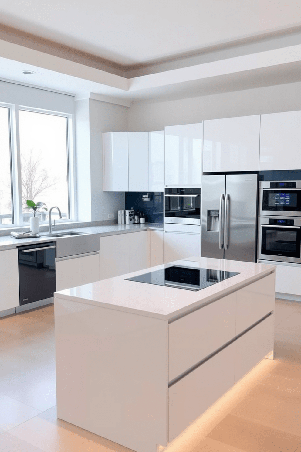 A contemporary kitchen featuring high-tech appliances seamlessly integrated into sleek cabinetry. The island boasts a state-of-the-art induction cooktop, while smart refrigerators and ovens enhance functionality and style. The color palette consists of crisp whites and deep navy accents, creating a fresh and inviting atmosphere. Large windows allow natural light to flood the space, highlighting the modern finishes and innovative design elements.