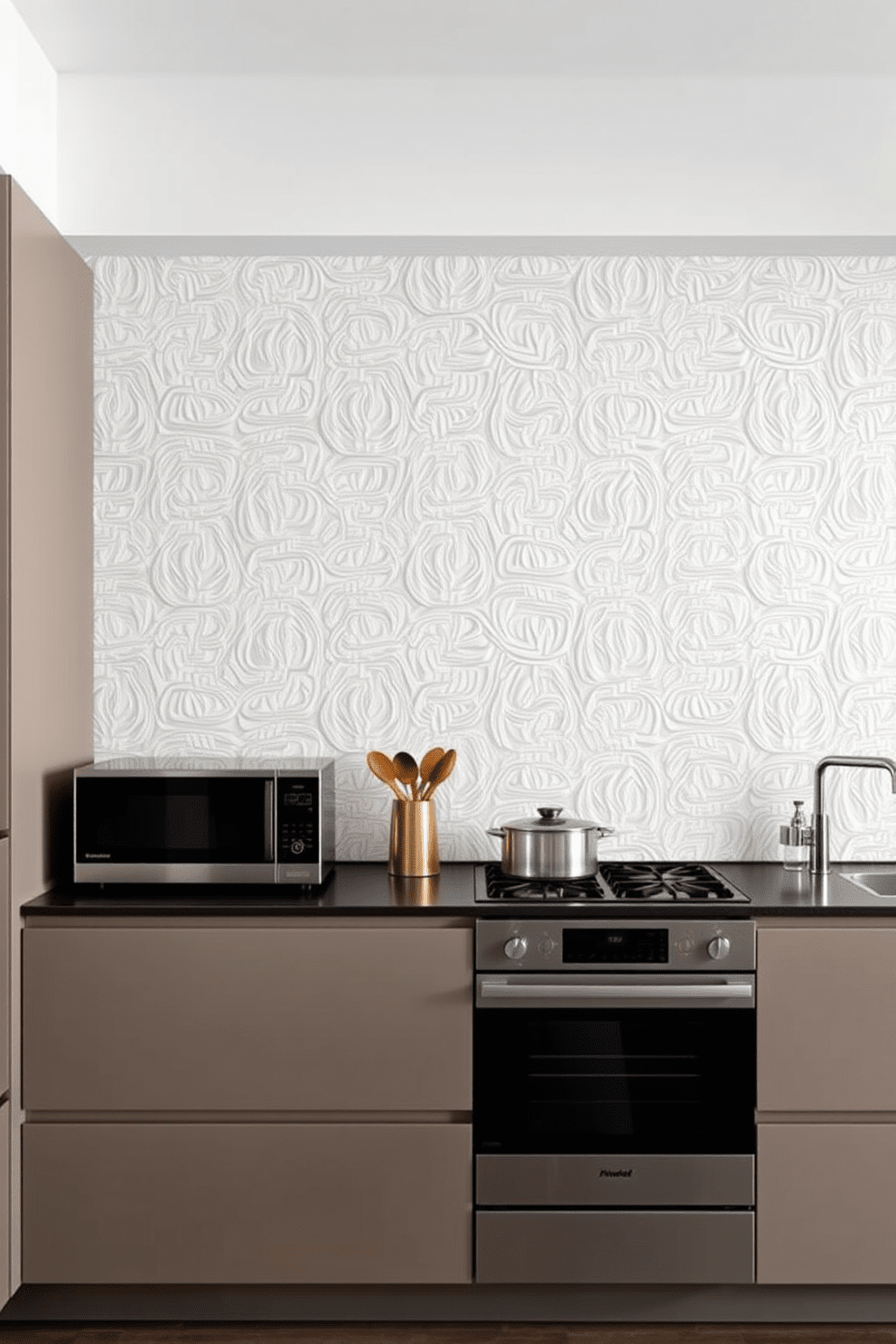 Textured wall panels create a striking backdrop in a contemporary kitchen. The space features sleek cabinetry with a mix of matte and glossy finishes, complemented by modern stainless steel appliances.