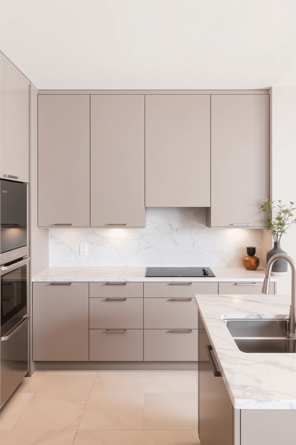 A contemporary kitchen design featuring natural stone countertops that exude luxury and elegance. The cabinetry is sleek and minimalist, complemented by modern appliances that enhance functionality and style.