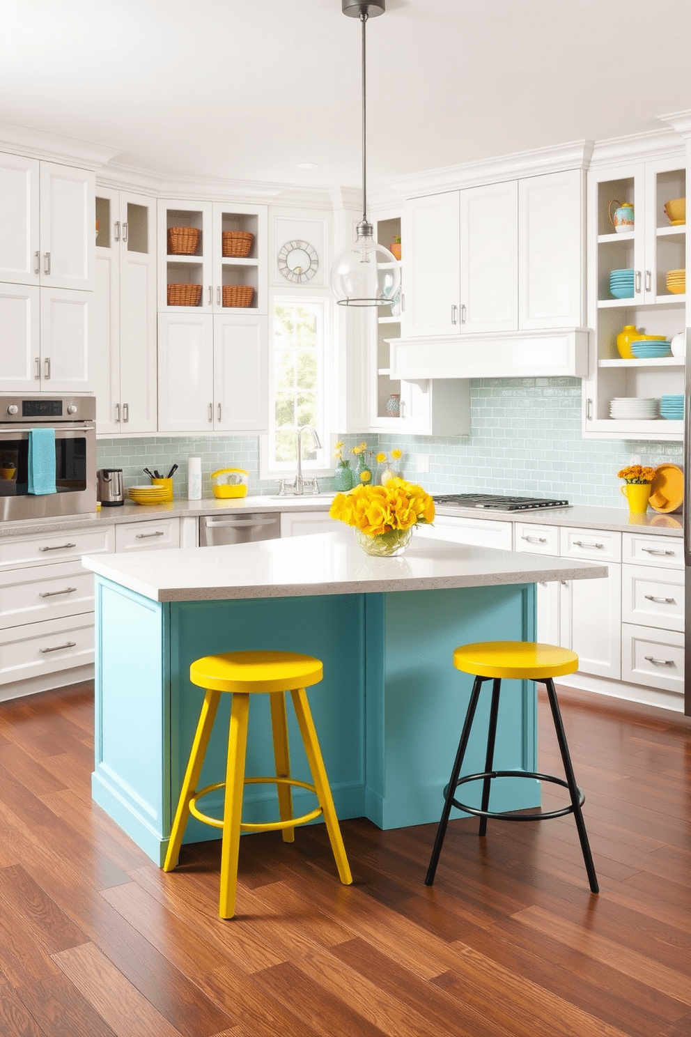 A contemporary kitchen with bright accent colors that create a cheerful atmosphere. The cabinetry features a crisp white finish, complemented by vibrant yellow and teal accents throughout the space. A large island stands at the center, topped with a light gray quartz countertop. Colorful bar stools add a playful touch, while open shelving displays bright dishware and decorative items.