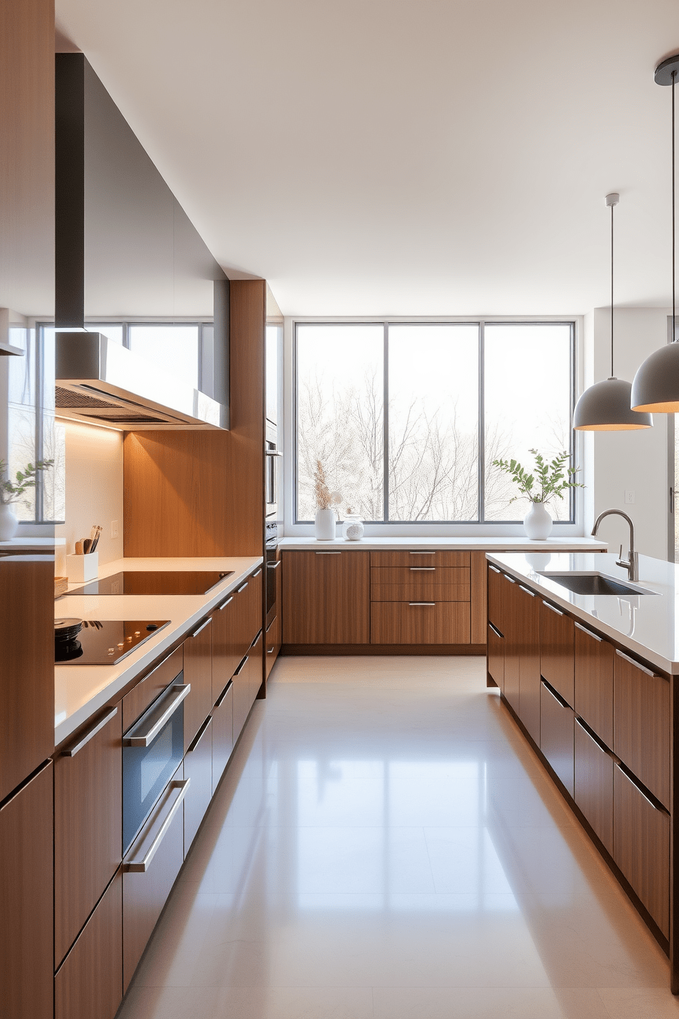 A contemporary kitchen featuring smart home technology seamlessly integrated into the design. The kitchen includes sleek cabinetry with a high-gloss finish and state-of-the-art appliances that can be controlled via smartphone. An expansive island serves as both a cooking space and a social hub, equipped with touch-sensitive controls for lighting and temperature. Large windows provide natural light, highlighting the minimalist decor and smart storage solutions throughout the space.