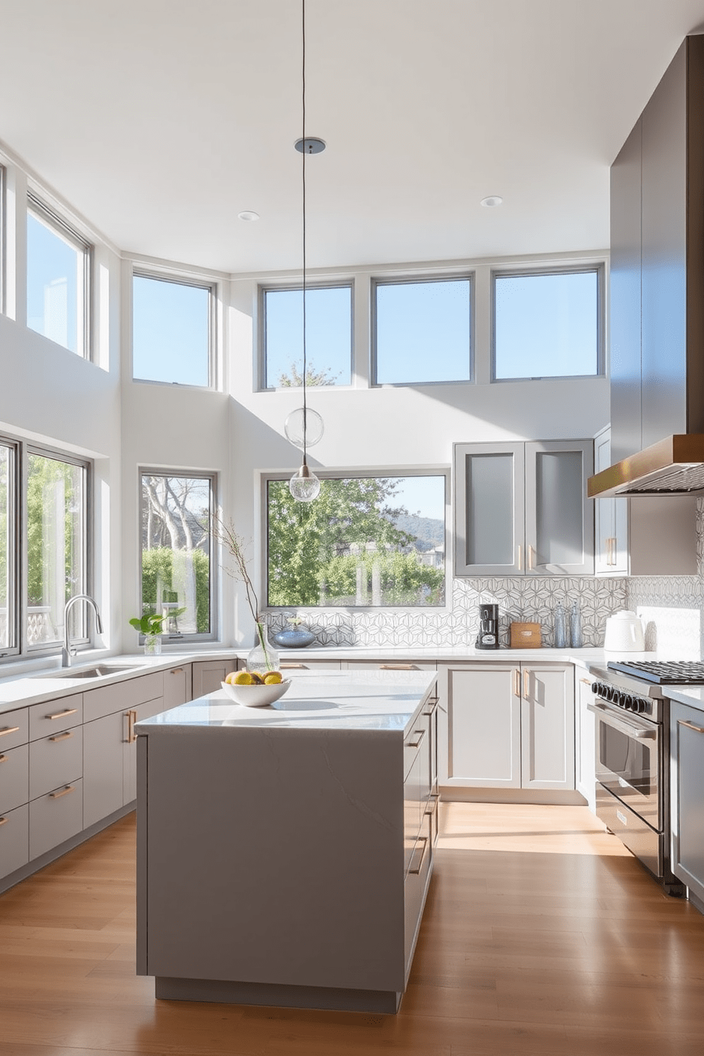 A contemporary kitchen featuring large windows that flood the space with natural light. The design includes sleek cabinetry in a soft gray finish paired with a white marble island that serves as a focal point. The backsplash is a geometric tile pattern that adds texture and interest to the overall aesthetic. Stainless steel appliances are seamlessly integrated, enhancing the modern feel of the kitchen.