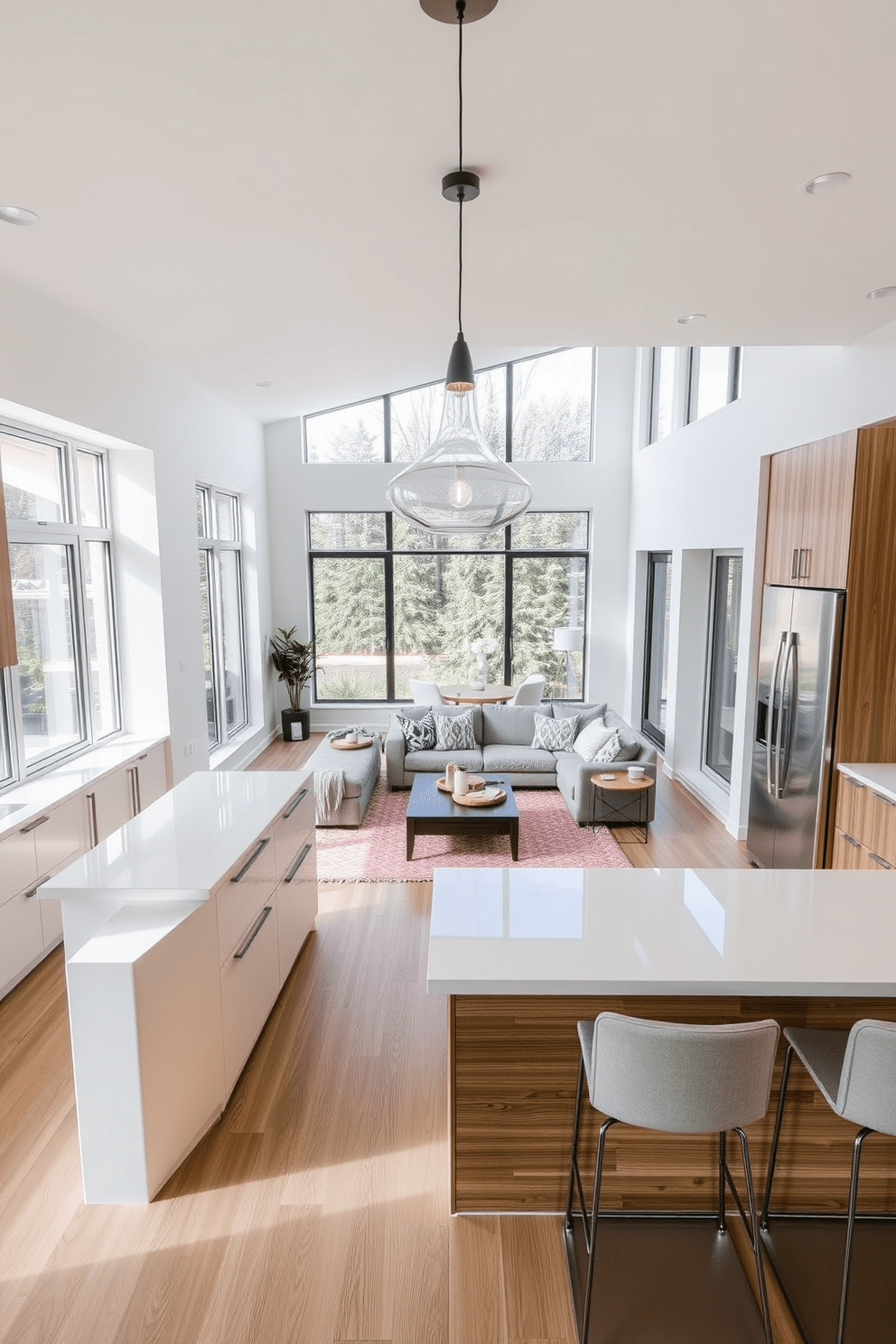 A contemporary kitchen seamlessly integrates with the living area, featuring an island with sleek bar stools and a waterfall countertop. The cabinetry is a mix of matte white and natural wood, creating a harmonious balance with stainless steel appliances. The living space showcases a cozy sectional sofa, adorned with textured throw pillows, and a stylish coffee table at the center. Large windows flood the area with natural light, while a statement pendant light hangs above the kitchen island, adding a modern touch.