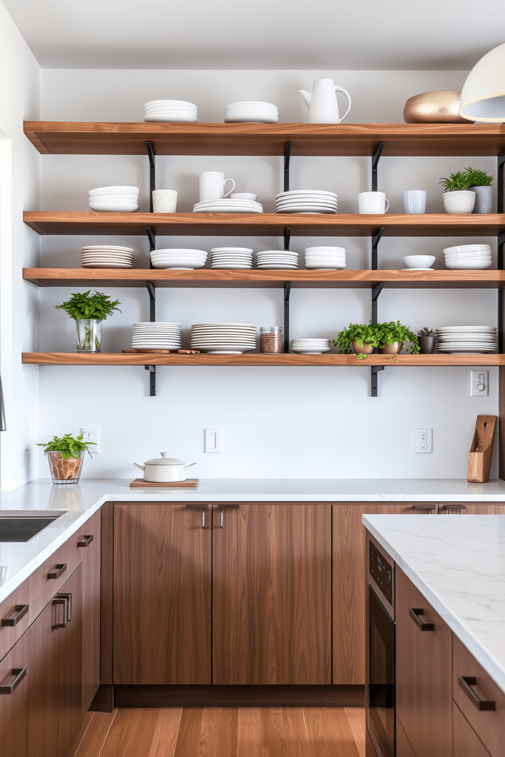 Open shelving creates a spacious and airy feel in a contemporary kitchen. Sleek wooden shelves display stylish dishware and potted herbs, enhancing both functionality and aesthetics.