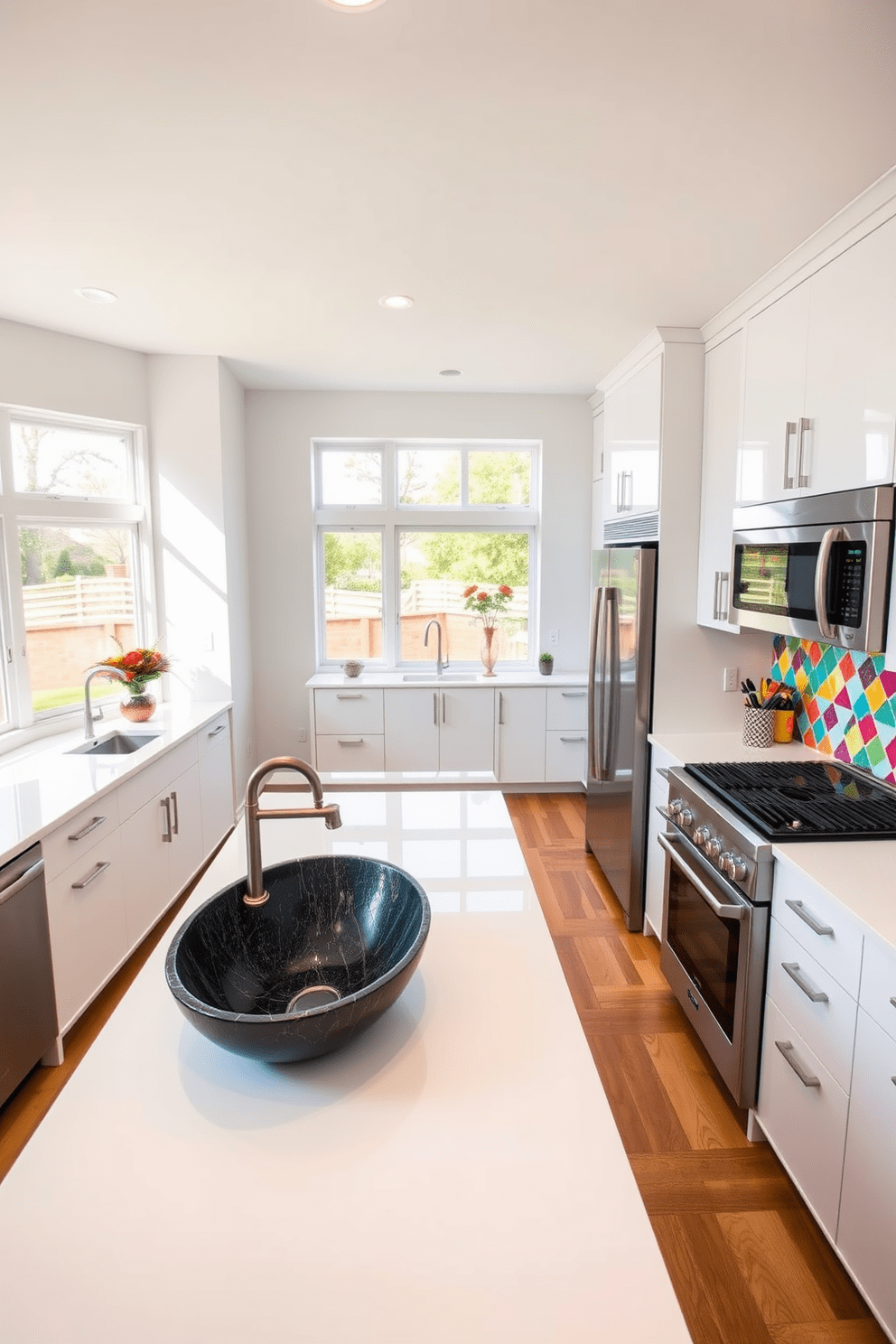 A contemporary kitchen featuring unique sink designs as focal points. The kitchen island showcases a striking, sculptural sink made of black granite, surrounded by sleek white cabinetry and modern stainless steel appliances. Bright, open spaces with large windows allow natural light to flood the room. The backsplash is adorned with colorful geometric tiles that complement the vibrant accents throughout the kitchen.