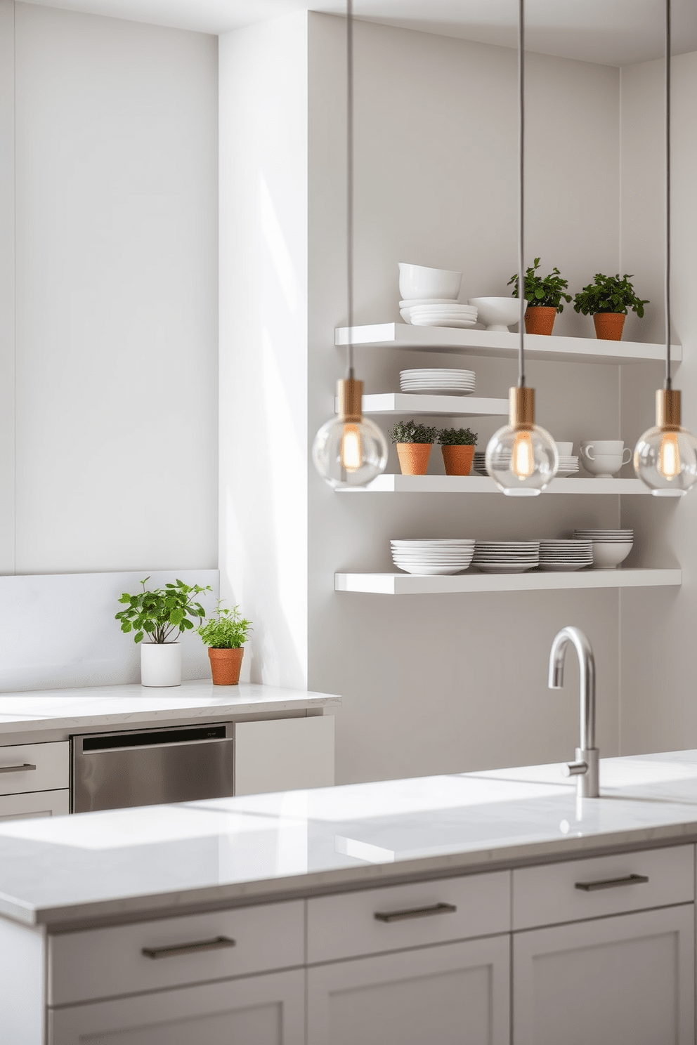 A contemporary kitchen featuring sleek floating shelves that provide a modern touch. The shelves are adorned with stylish dishware and potted herbs, creating an inviting atmosphere. The cabinetry is a crisp white with minimalist hardware, complemented by a large island with a quartz countertop. Pendant lights hang above the island, casting a warm glow over the space.