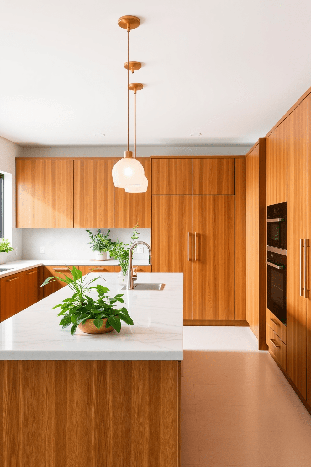 A contemporary kitchen features sleek cabinetry in a warm wood finish, complemented by a large central island topped with a polished quartz surface. Lush green plants are strategically placed on the countertops and windowsills, adding a vibrant touch to the modern aesthetic. The backsplash showcases geometric tiles in soft hues, enhancing the kitchen's clean lines and open feel. Pendant lights hang above the island, illuminating the space while creating a cozy yet sophisticated ambiance.