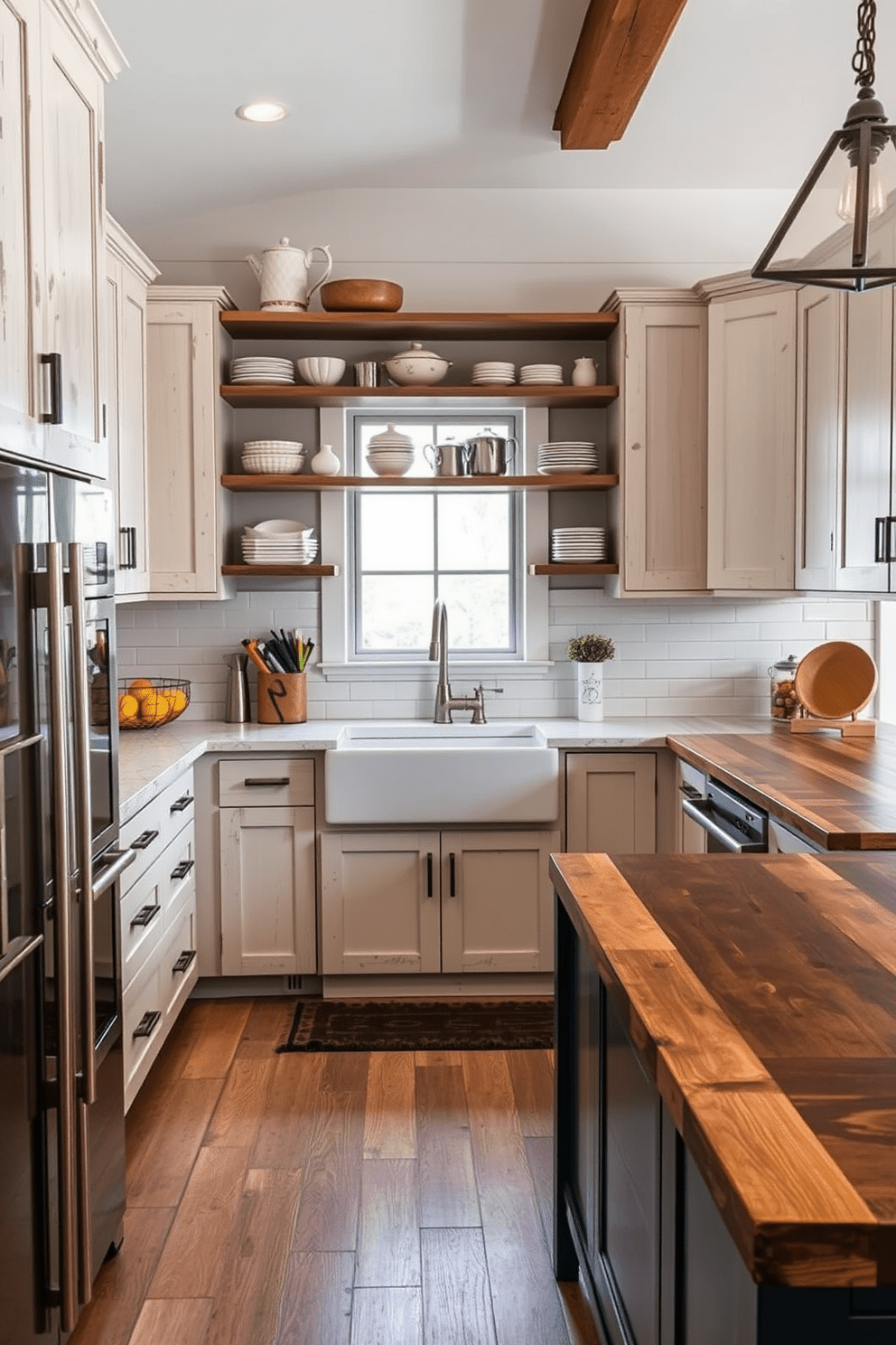 A contemporary kitchen that seamlessly integrates vintage elements. The space features sleek cabinetry with a distressed finish, paired with modern stainless steel appliances. A large farmhouse sink is positioned beneath a window, surrounded by open shelving displaying eclectic dishware. The countertops are a mix of reclaimed wood and polished stone, creating a warm yet sophisticated atmosphere.