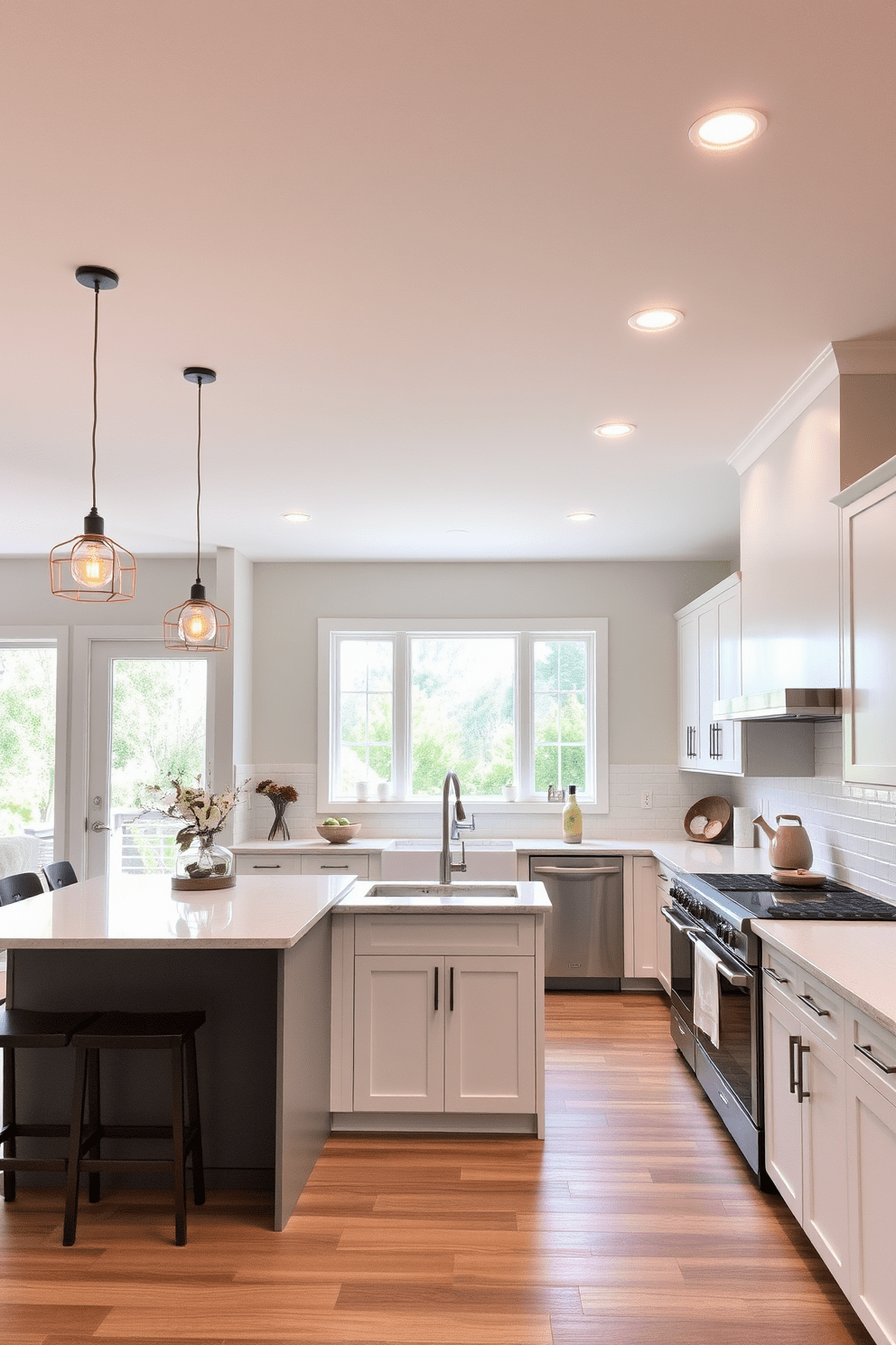 A contemporary kitchen setting with an open layout that maximizes natural light. Pendant lights with warm tones hang above a large island, creating a cozy atmosphere while recessed lighting highlights the sleek cabinetry. The color palette features soft whites and grays, complemented by stainless steel appliances. A large window above the sink offers a view of the outdoors, enhancing the inviting feel of the space.