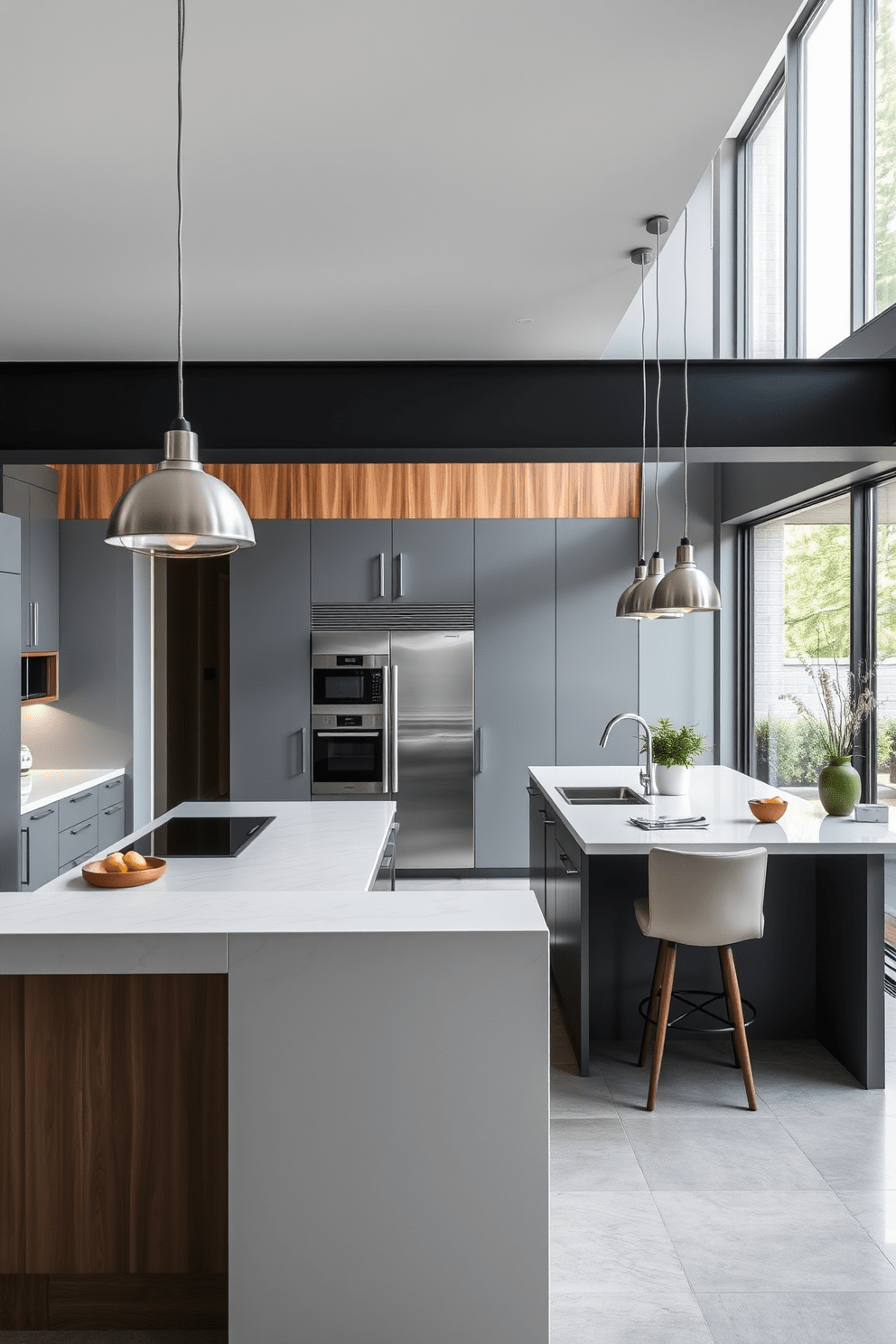 A contemporary kitchen design featuring an open layout that maximizes space for cooking and entertaining. The kitchen includes a large island with bar seating, sleek cabinetry in a glossy finish, and high-end appliances seamlessly integrated into the design. The color palette consists of cool grays and whites, accented with warm wooden elements for a touch of warmth. Large windows allow natural light to flood the space, while stylish pendant lights provide additional illumination over the island.