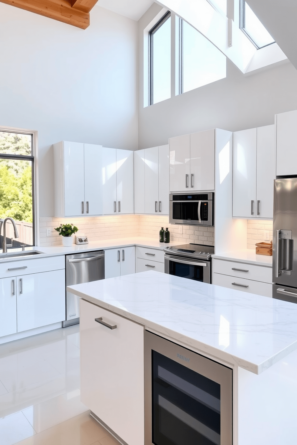 A sleek contemporary kitchen featuring custom cabinetry designed to maximize storage and functionality. The cabinetry is finished in a high-gloss white with minimalist hardware, complemented by a spacious island topped with a stunning quartz countertop. Large windows allow natural light to flood the space, highlighting the open layout and inviting atmosphere. Stainless steel appliances seamlessly integrate into the design, enhancing the modern aesthetic while providing convenience for cooking and entertaining.